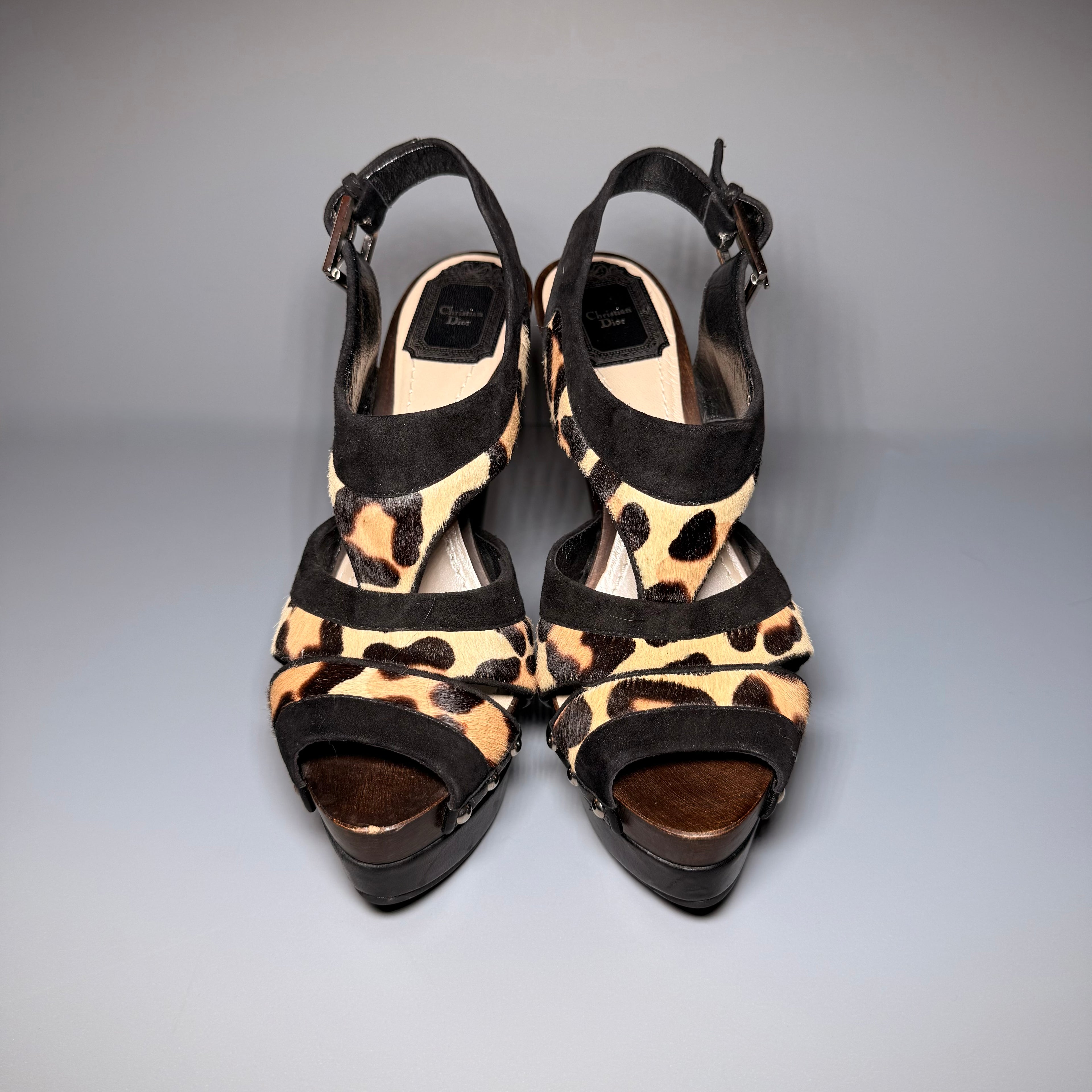 Christian Dior Leopard Pony Hair Wood Platform Heels