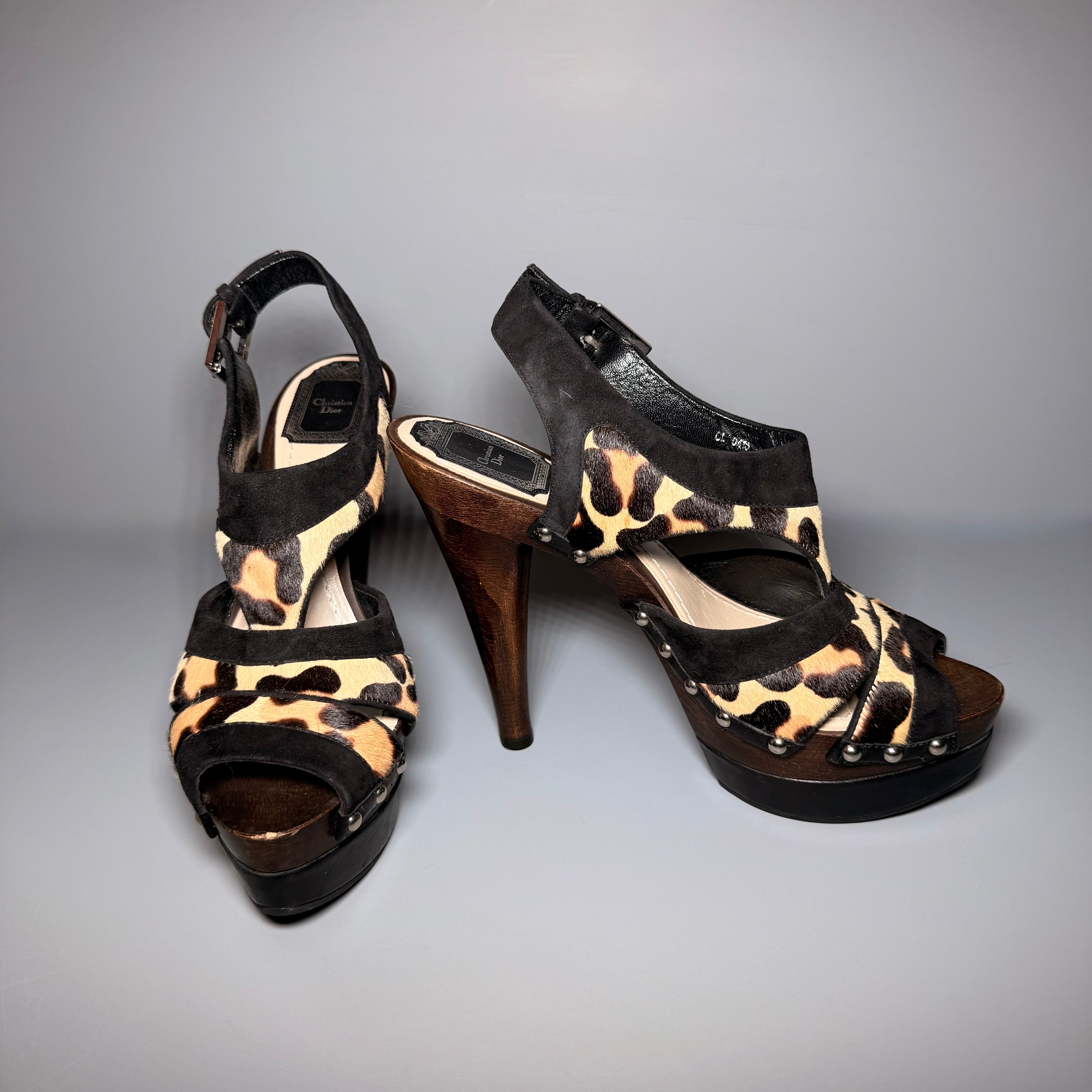 Christian Dior Leopard Pony Hair Wood Platform Heels