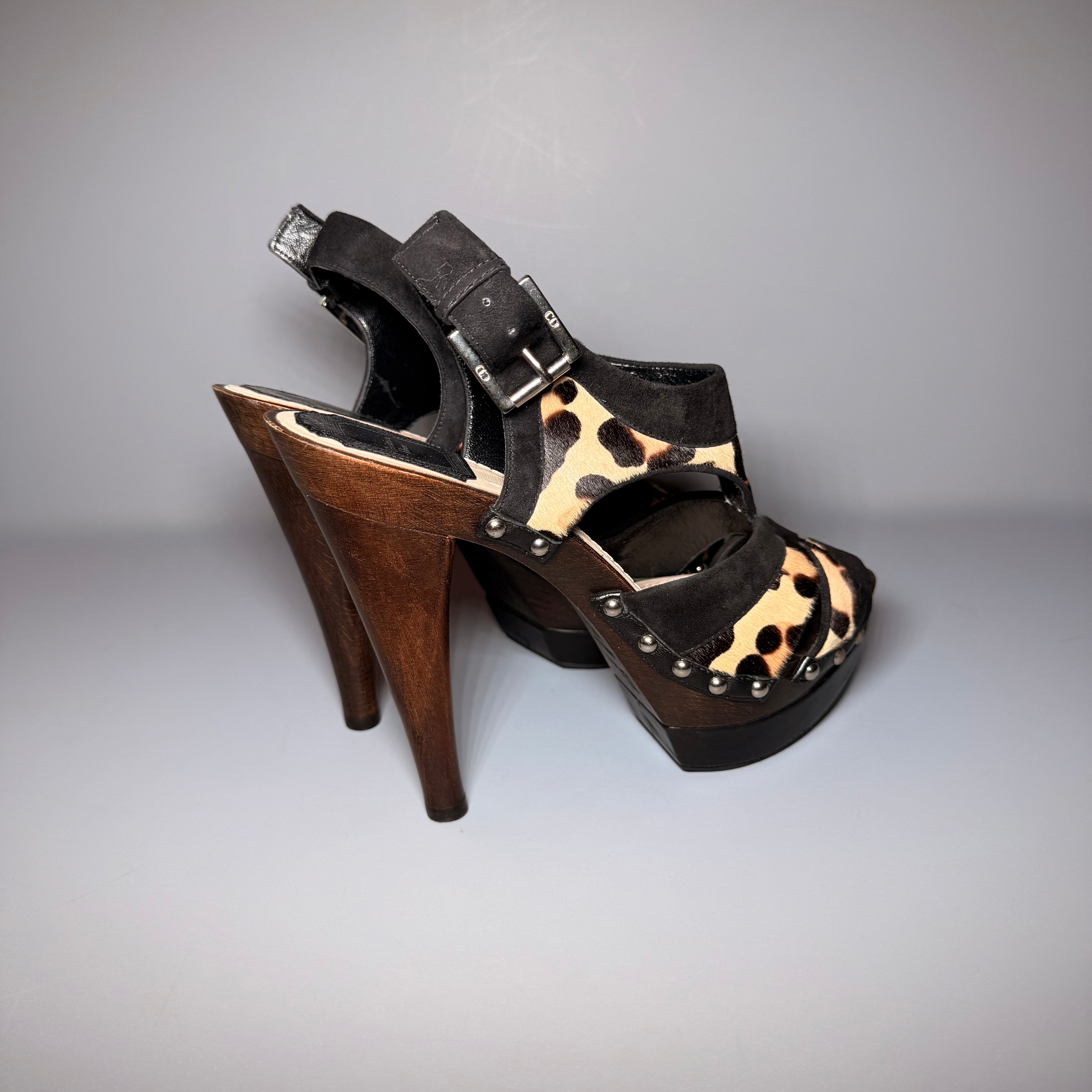 Christian Dior Leopard Pony Hair Wood Platform Heels