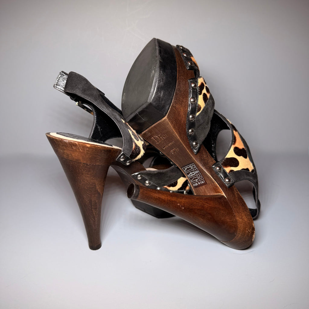 Christian Dior Leopard Pony Hair Wood Platform Heels