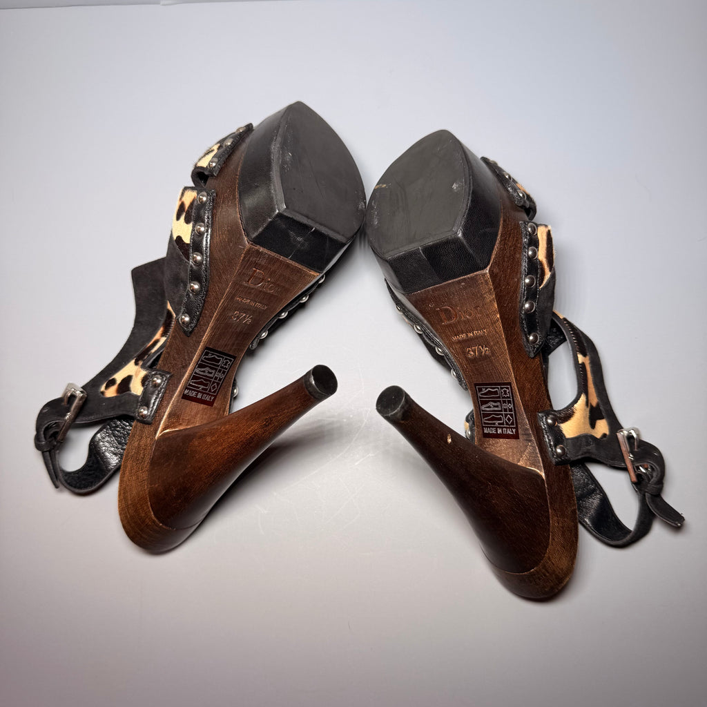Christian Dior Leopard Pony Hair Wood Platform Heels