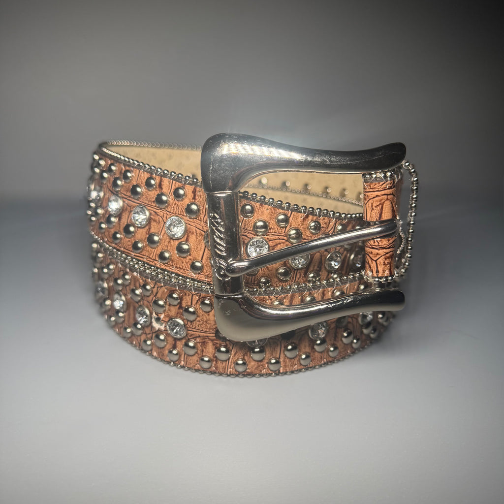 Y2K GUESS Cognac Croc Embossed Rhinestone Studded Belt