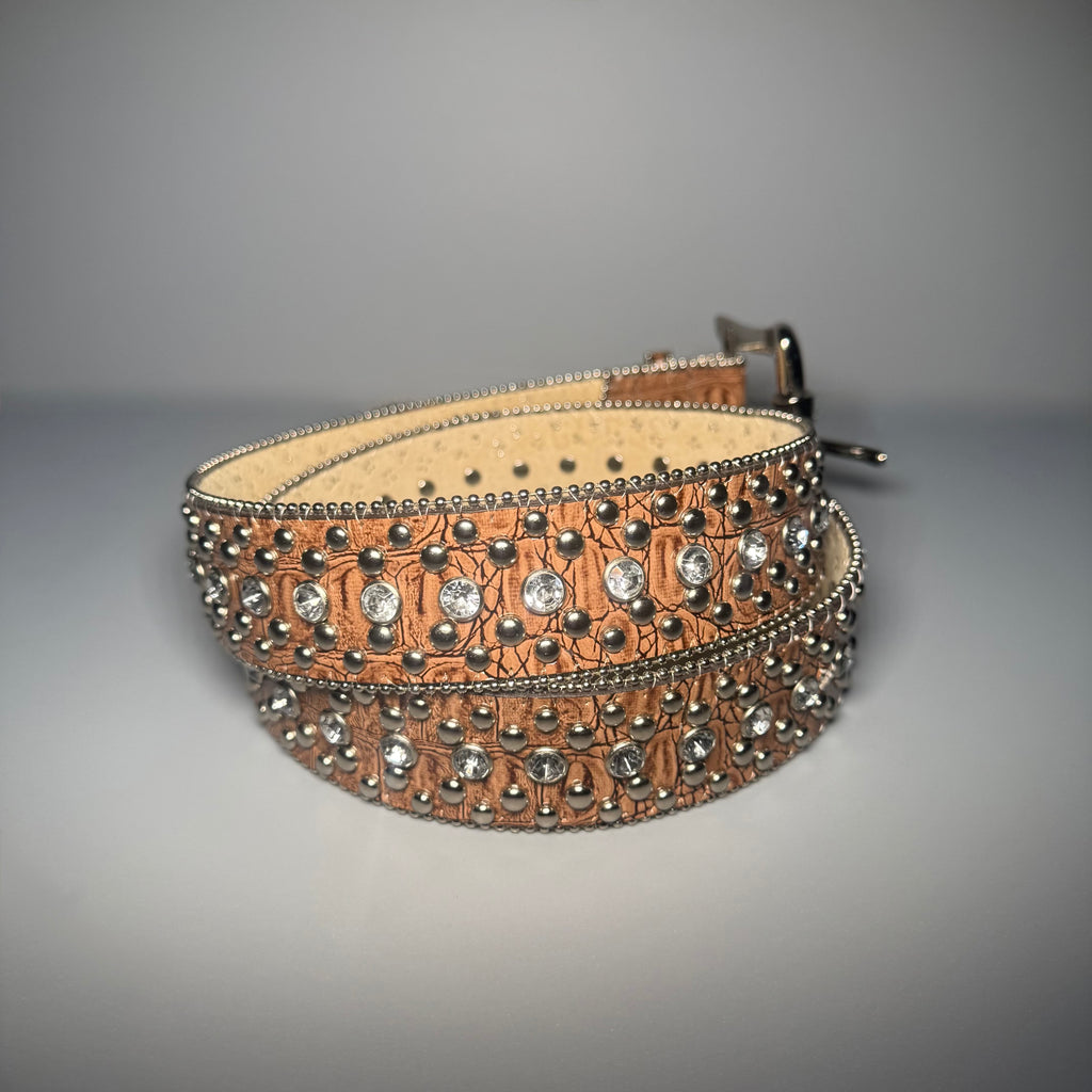 Y2K GUESS Cognac Croc Embossed Rhinestone Studded Belt