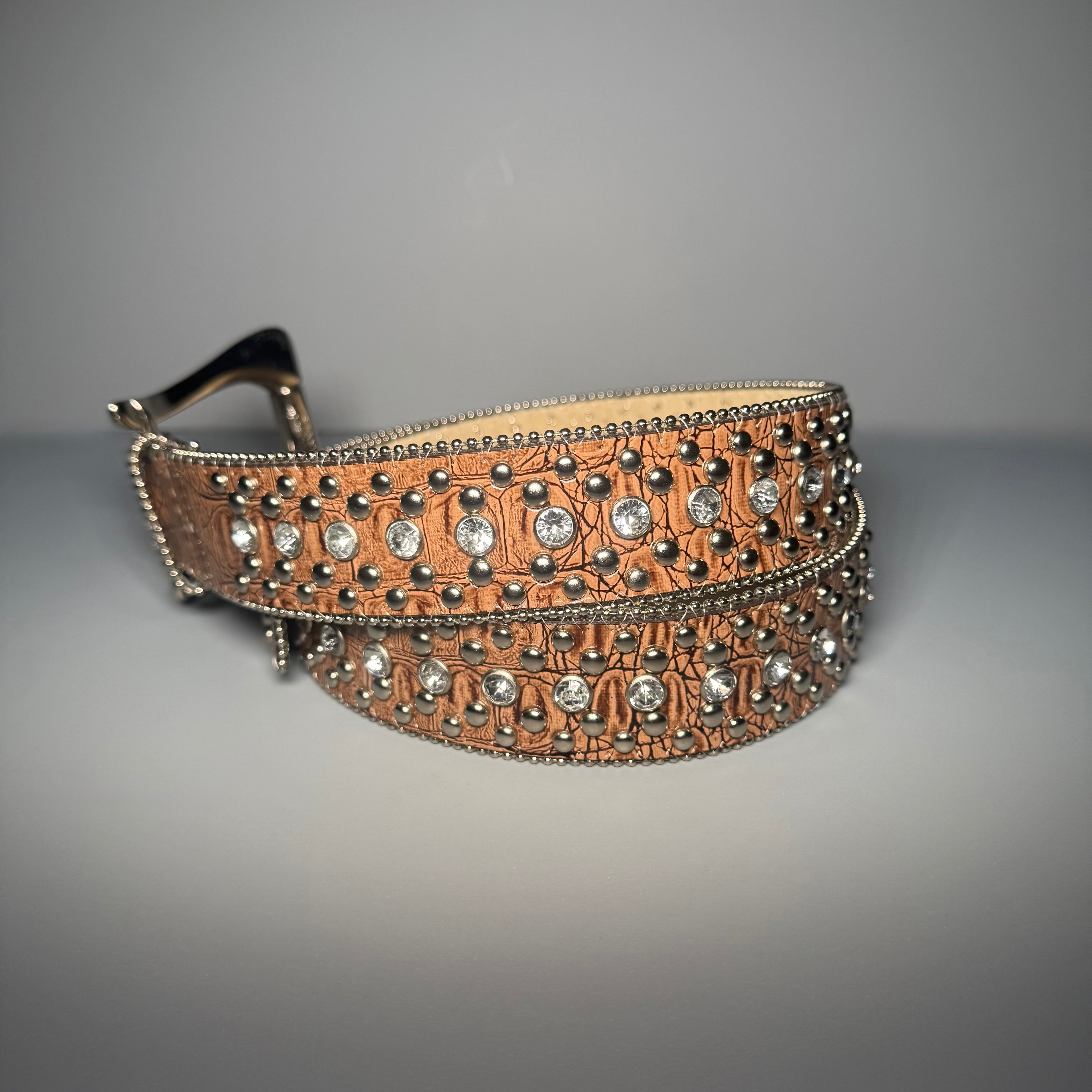Y2K GUESS Cognac Croc Embossed Rhinestone Studded Belt