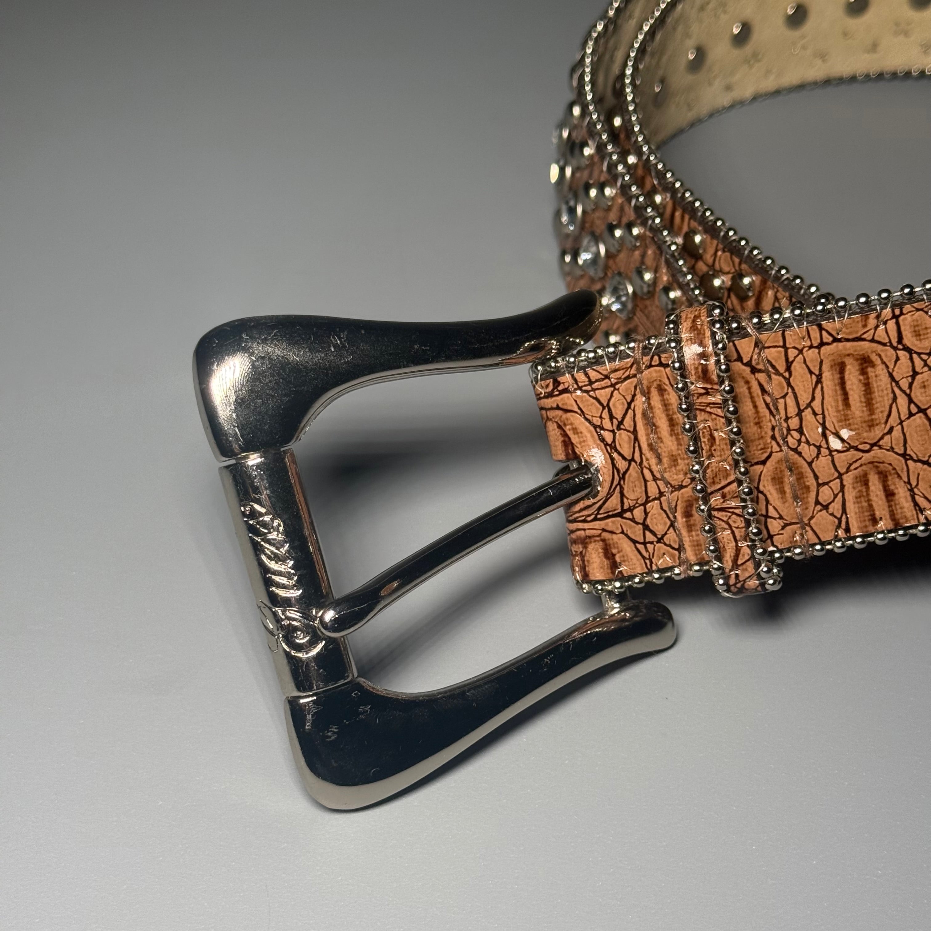 Y2K GUESS Cognac Croc Embossed Rhinestone Studded Belt