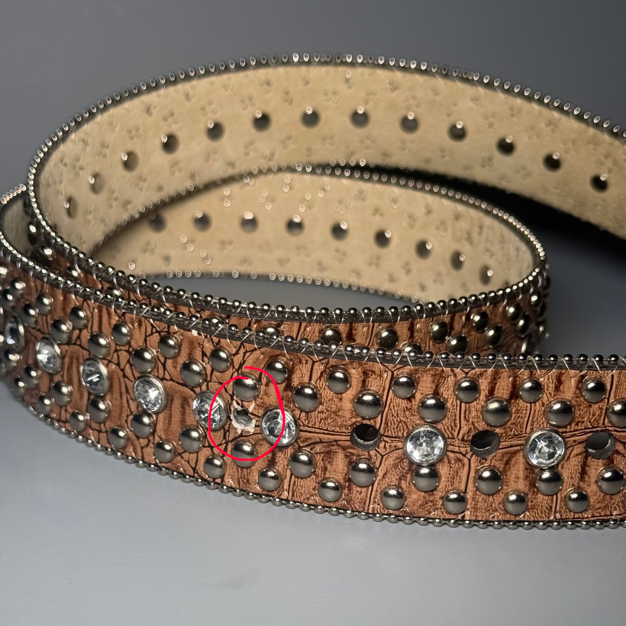 Y2K GUESS Cognac Croc Embossed Rhinestone Studded Belt
