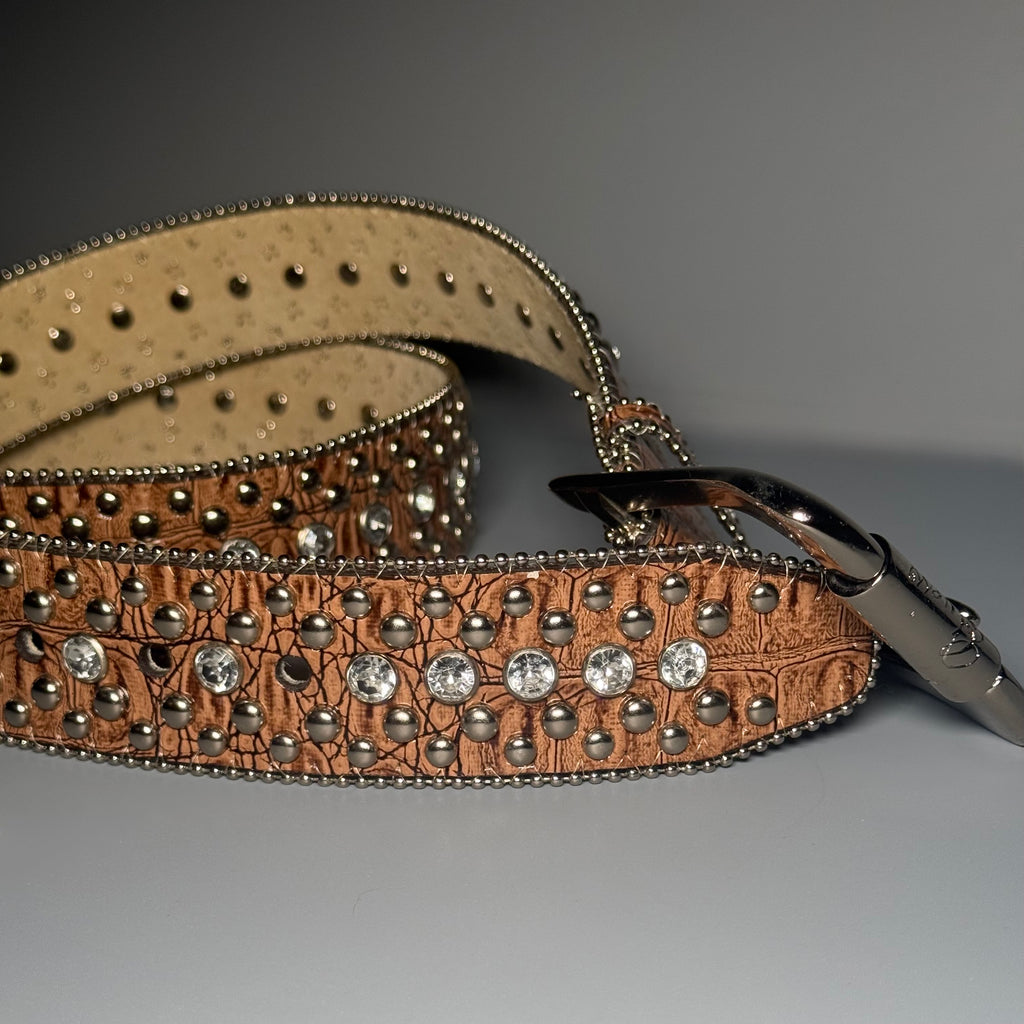 Y2K GUESS Cognac Croc Embossed Rhinestone Studded Belt