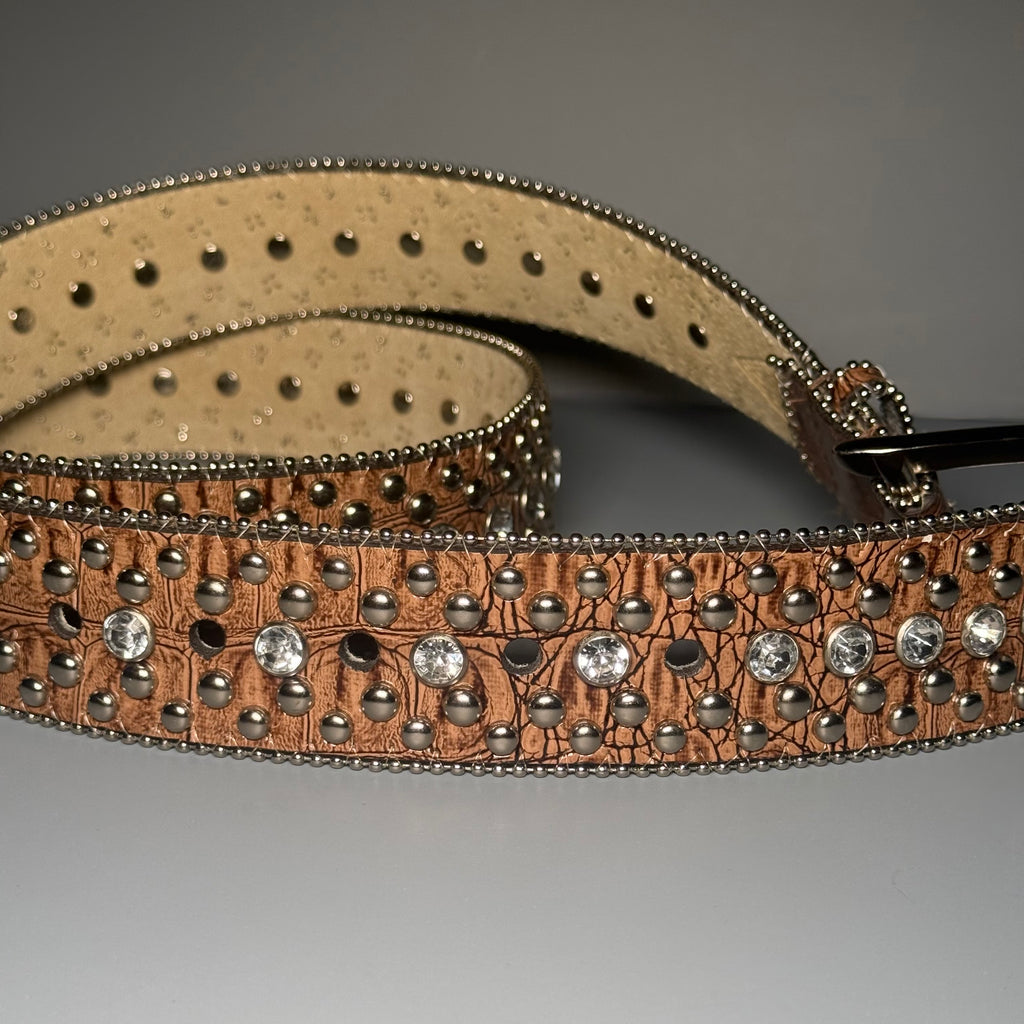 Y2K GUESS Cognac Croc Embossed Rhinestone Studded Belt