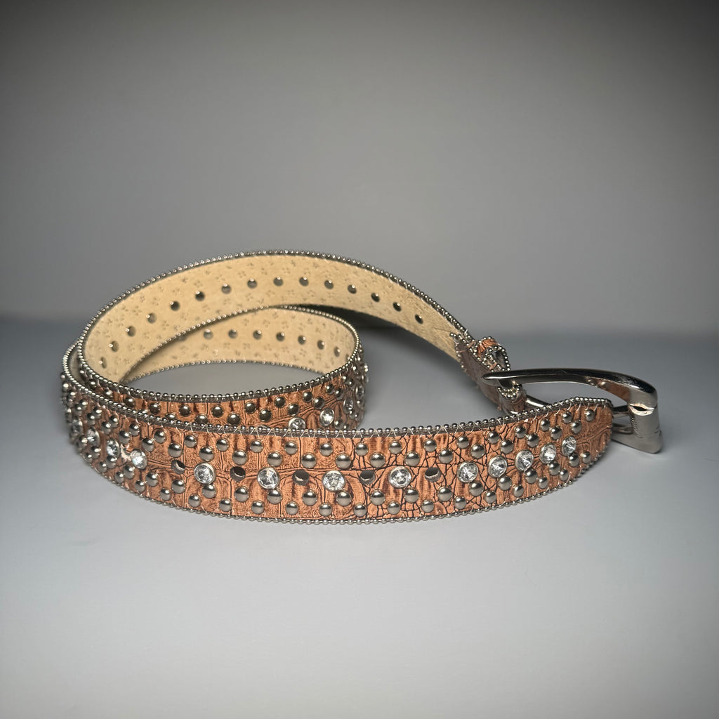 Y2K GUESS Cognac Croc Embossed Rhinestone Studded Belt