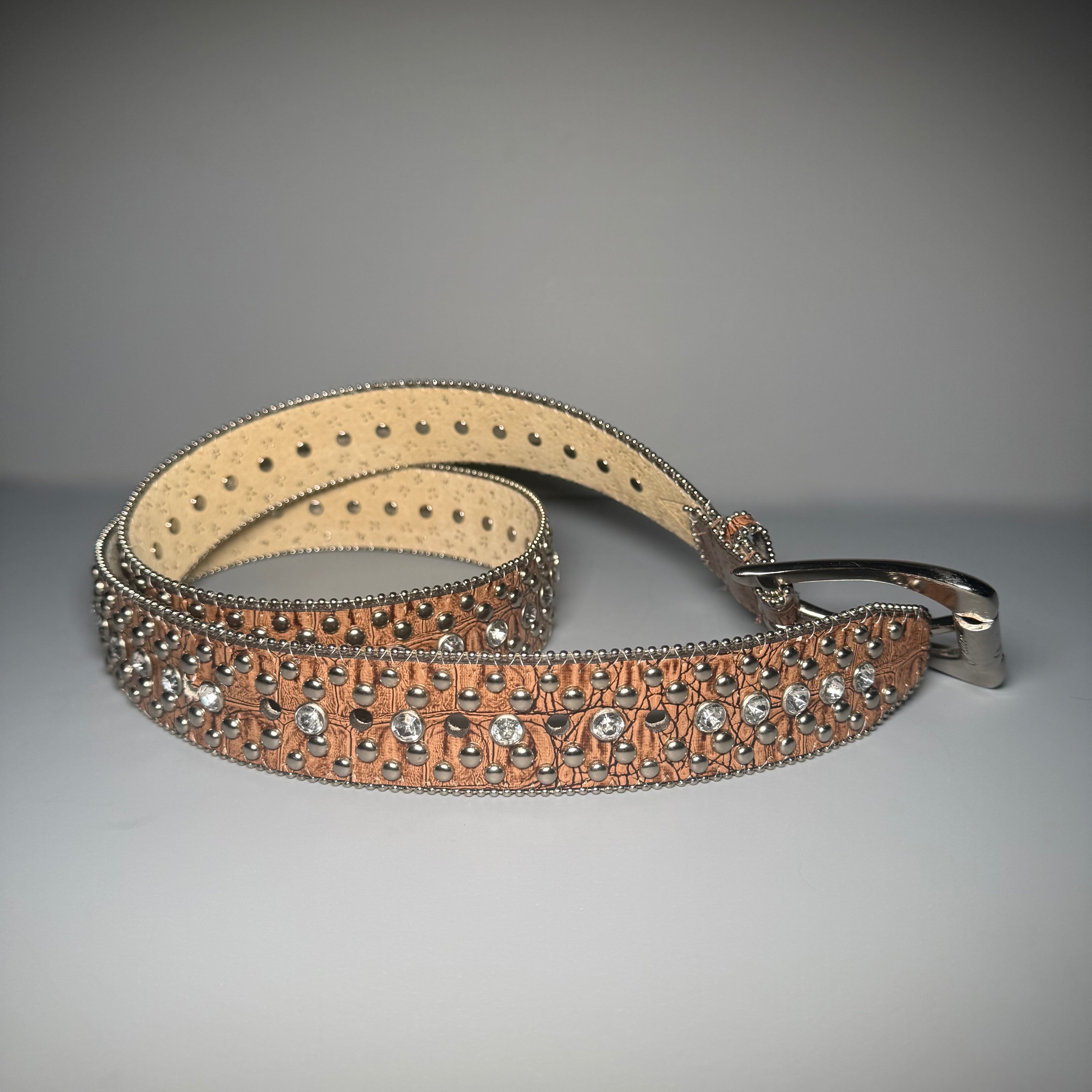Y2K GUESS Cognac Croc Embossed Rhinestone Studded Belt