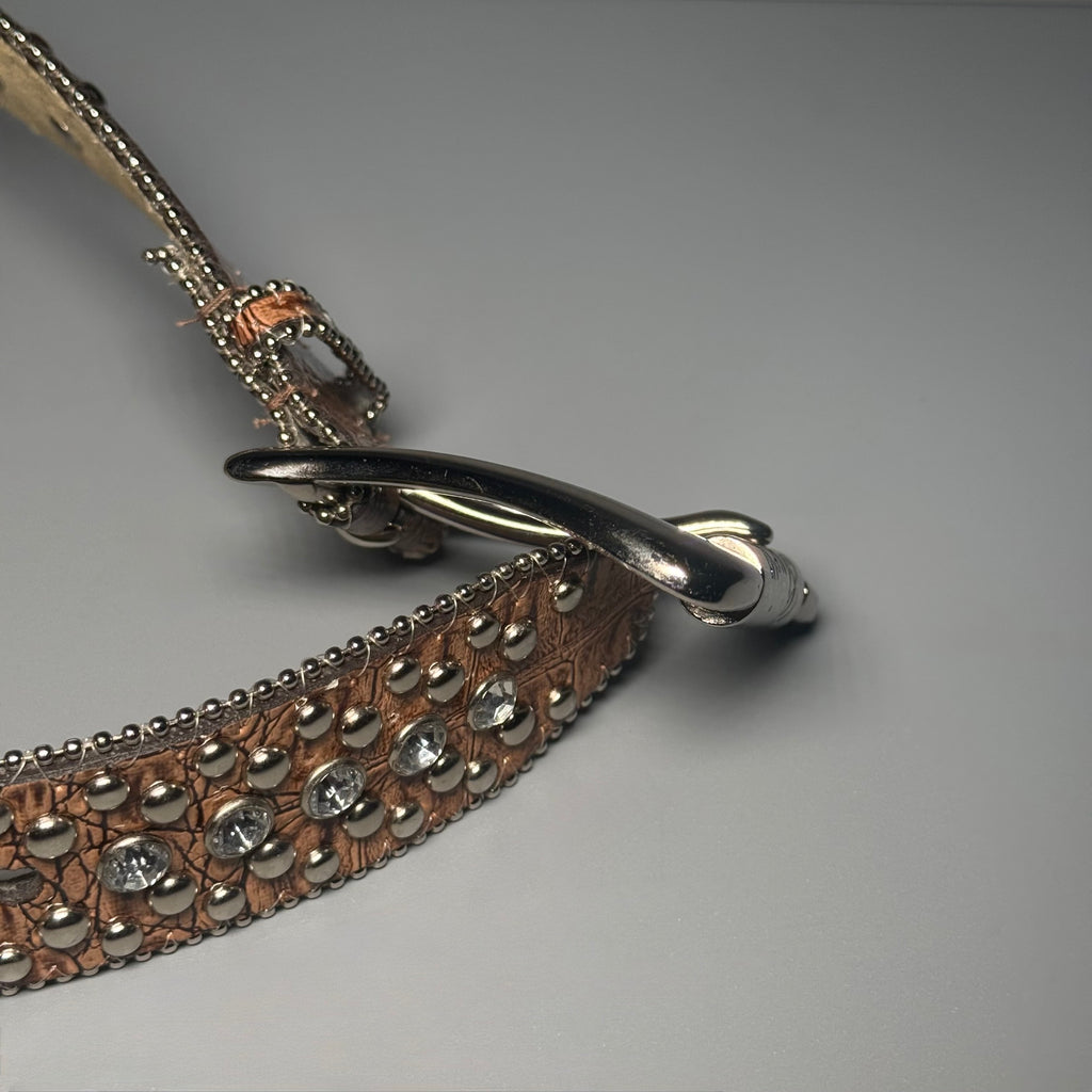 Y2K GUESS Cognac Croc Embossed Rhinestone Studded Belt
