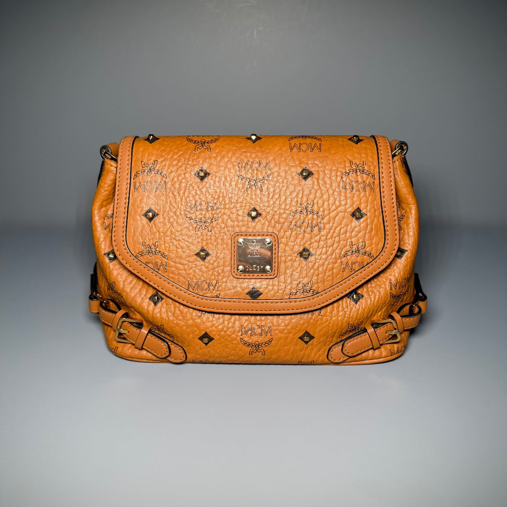 MCM Cognac Visetos Studded Small Shoulder Bag