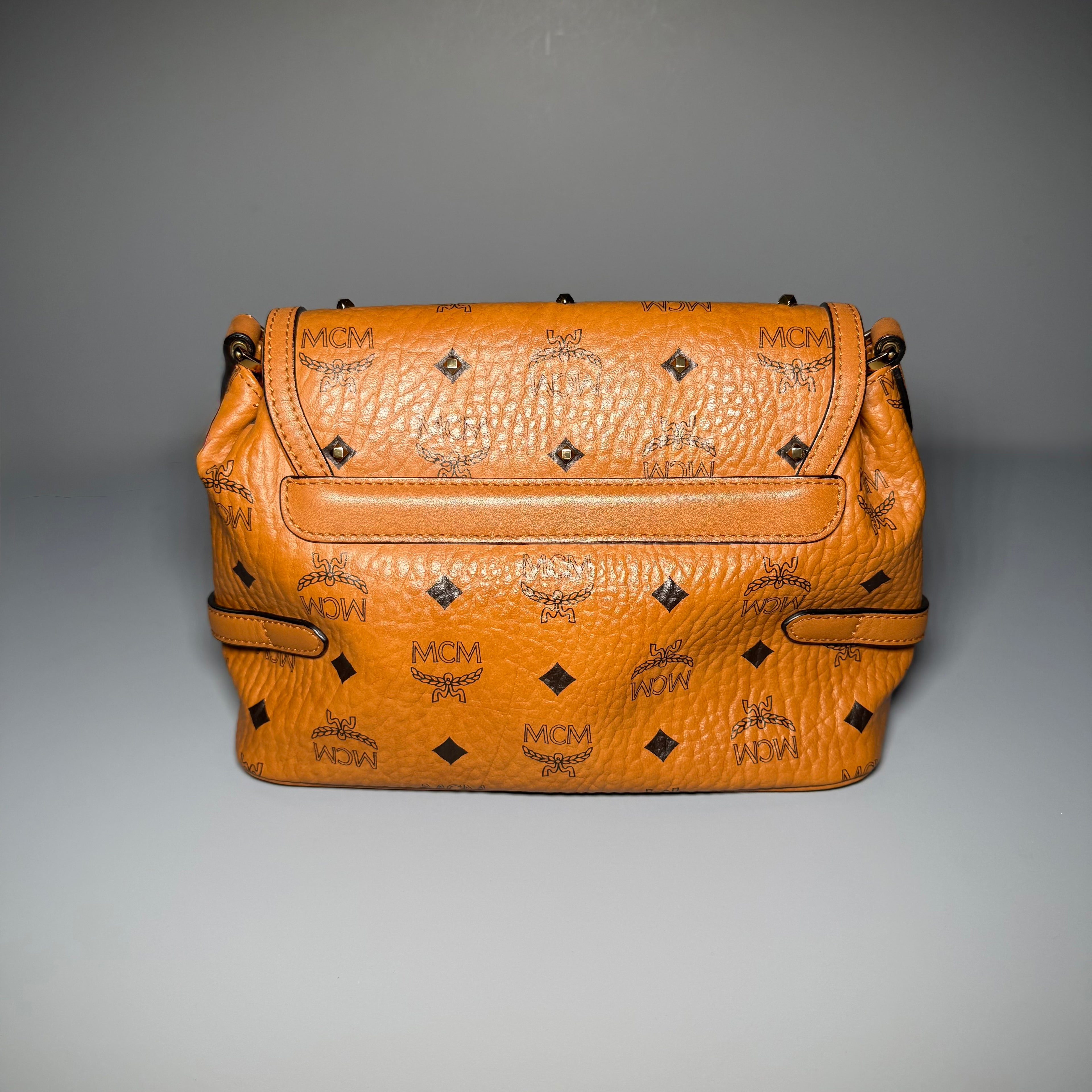 MCM Cognac Visetos Studded Small Shoulder Bag