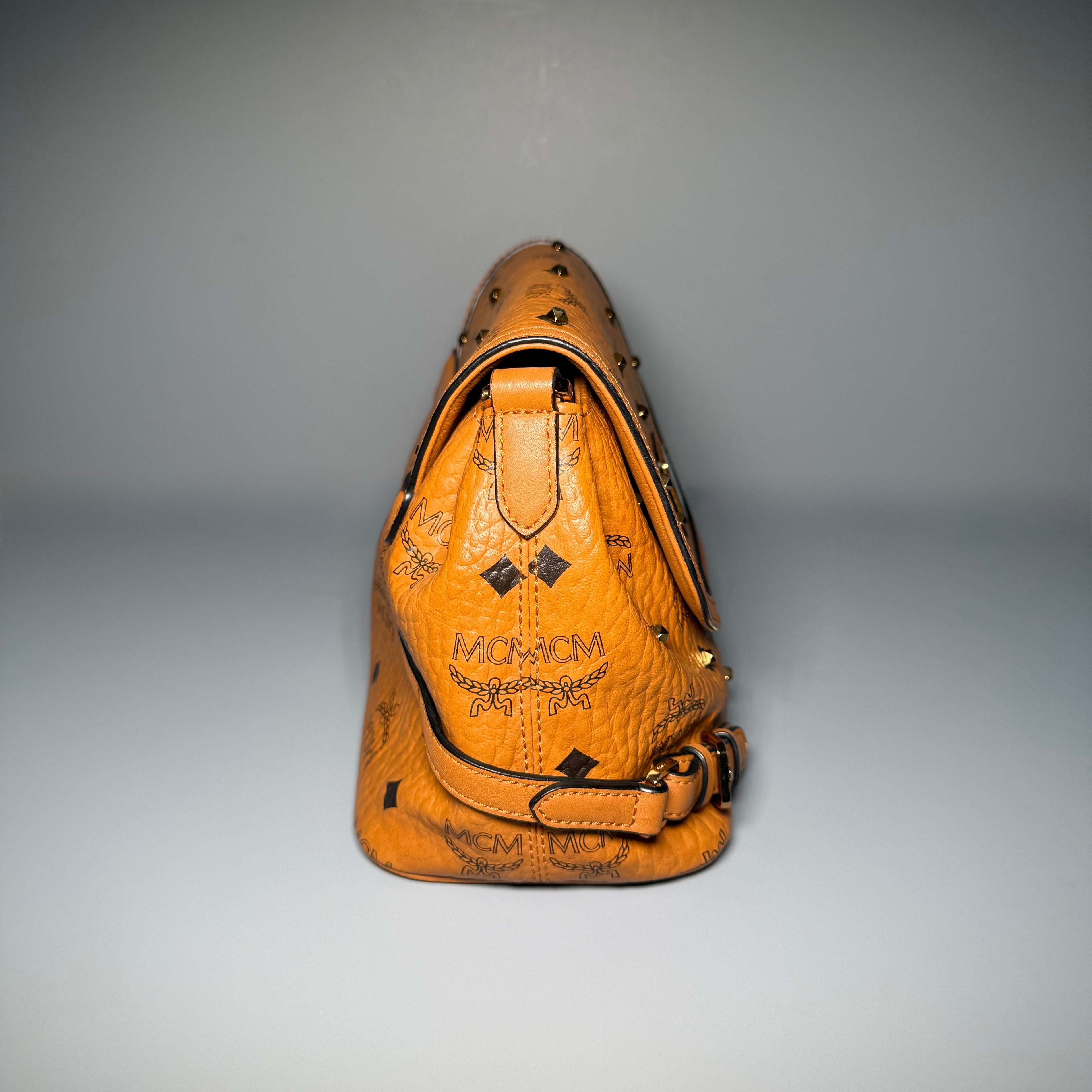 MCM Cognac Visetos Studded Small Shoulder Bag