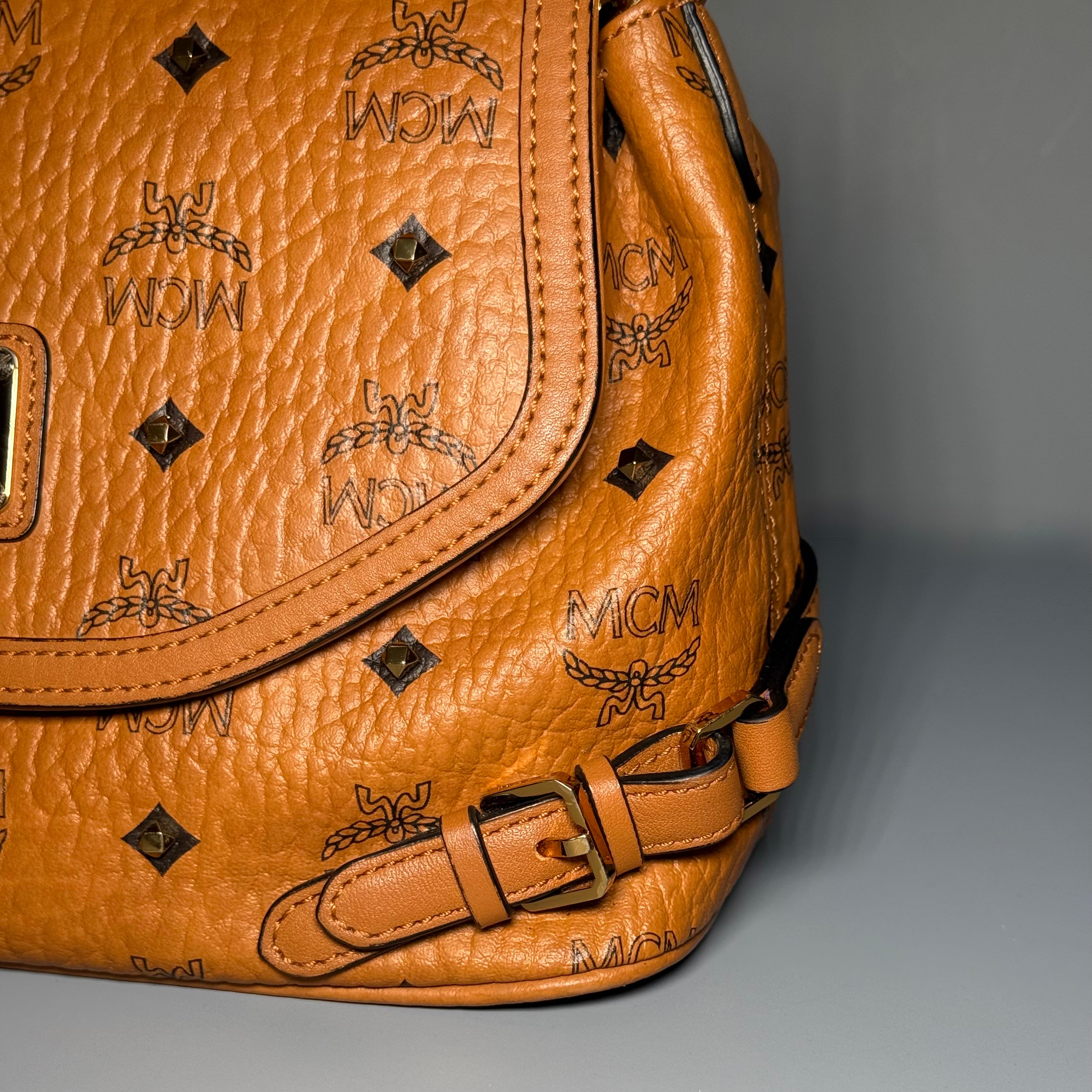 MCM Cognac Visetos Studded Small Shoulder Bag