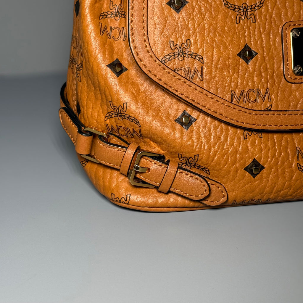 MCM Cognac Visetos Studded Small Shoulder Bag