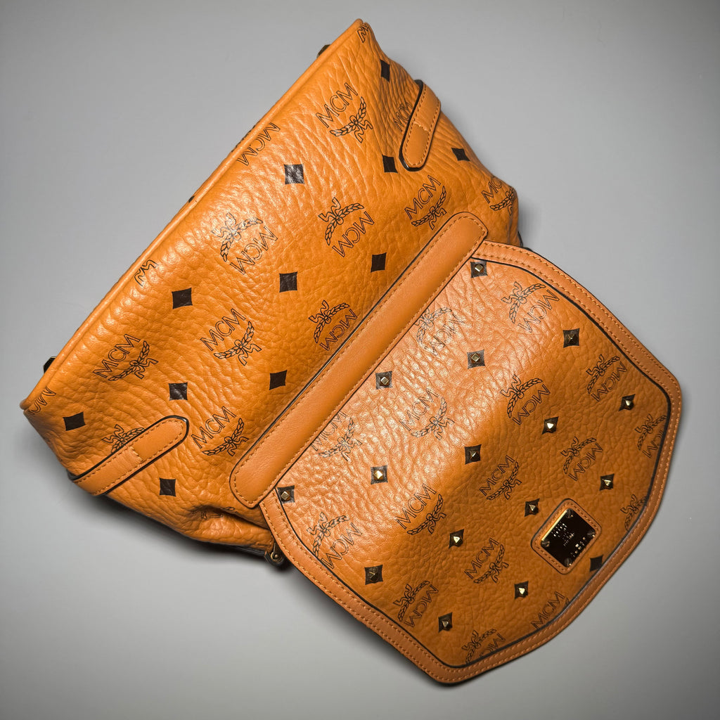 MCM Cognac Visetos Studded Small Shoulder Bag