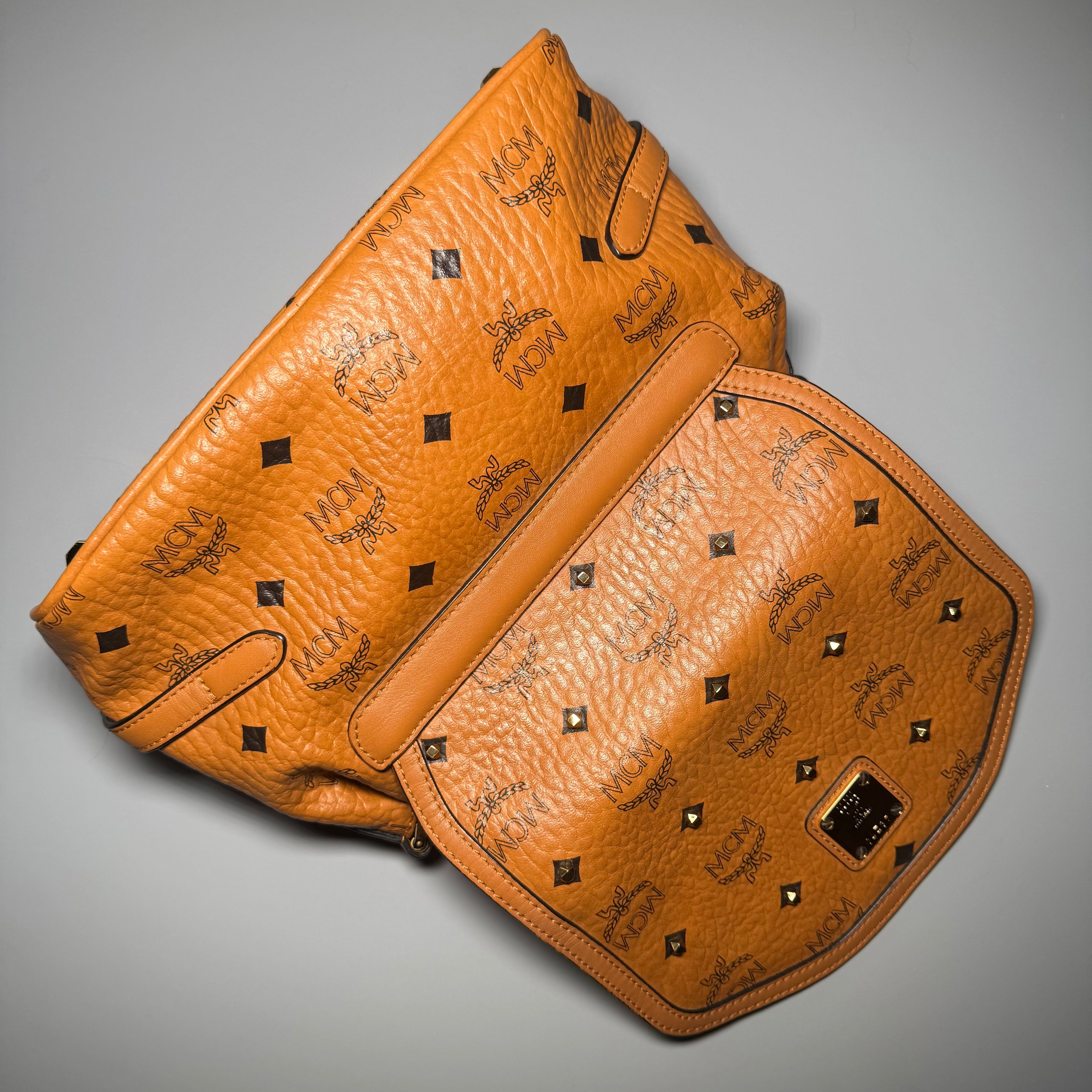 MCM Cognac Visetos Studded Small Shoulder Bag