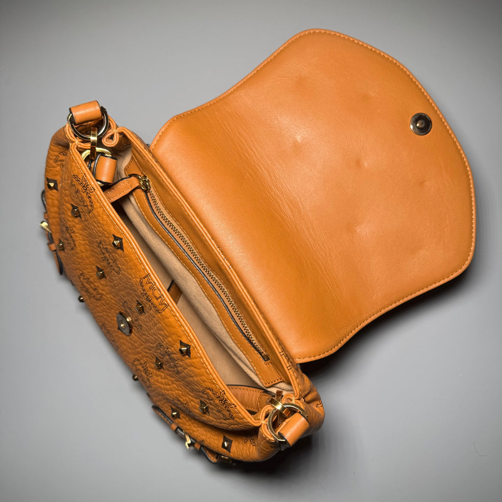 MCM Cognac Visetos Studded Small Shoulder Bag