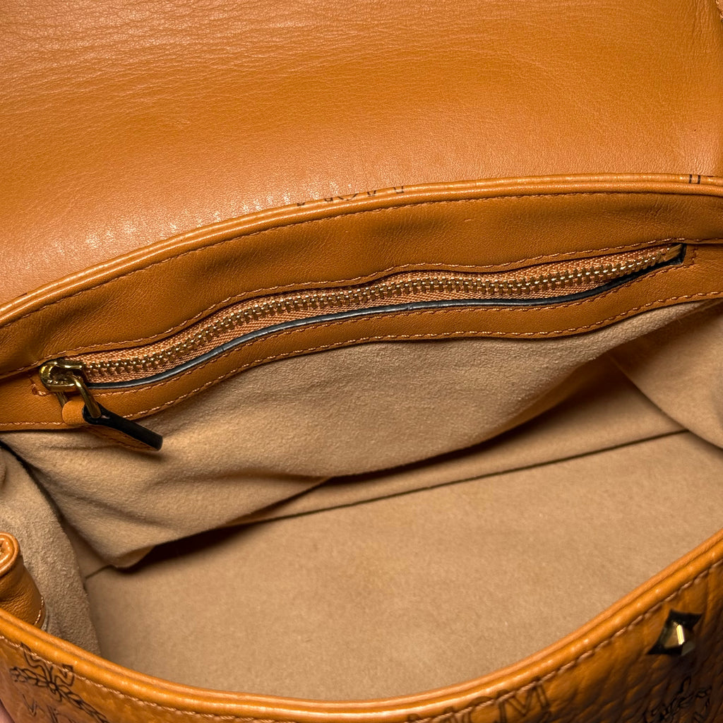 MCM Cognac Visetos Studded Small Shoulder Bag