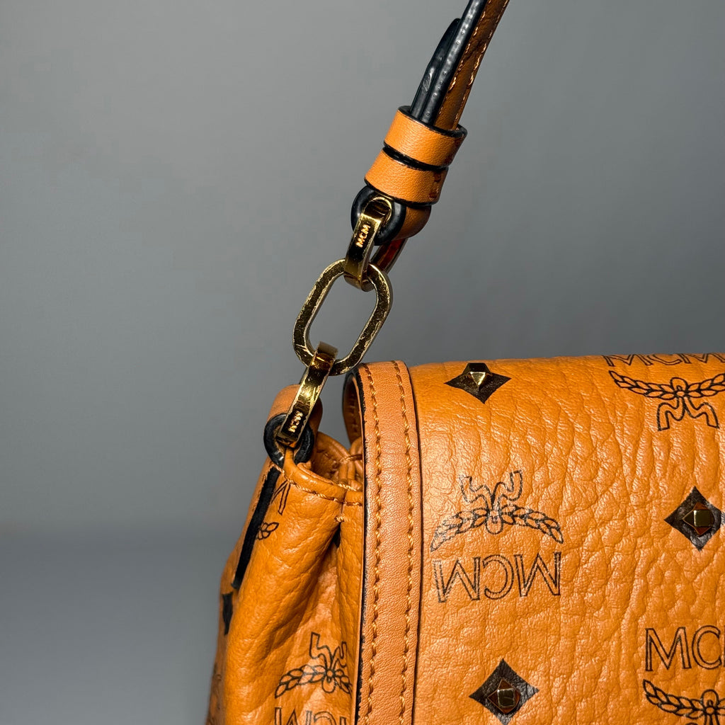 MCM Cognac Visetos Studded Small Shoulder Bag
