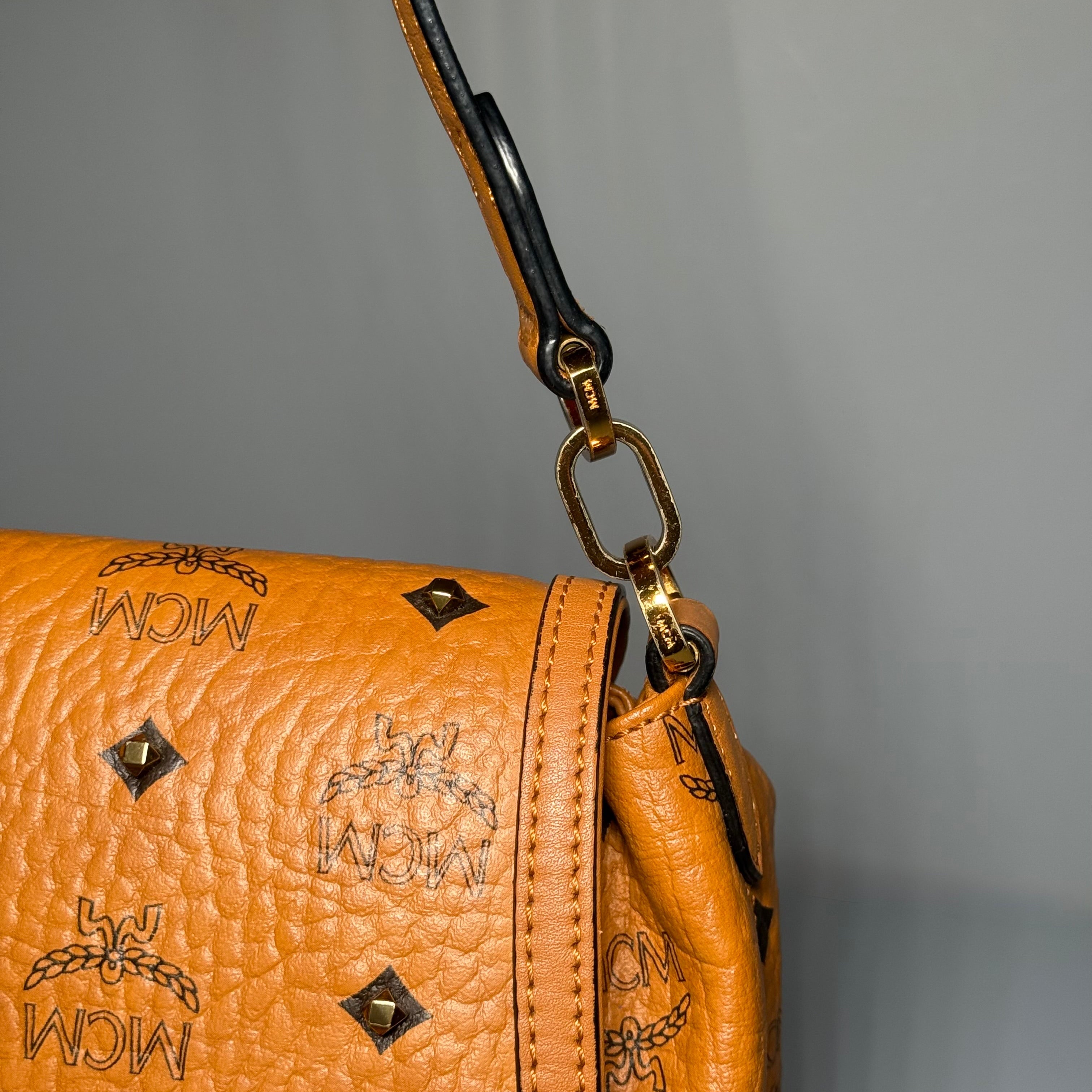 MCM Cognac Visetos Studded Small Shoulder Bag
