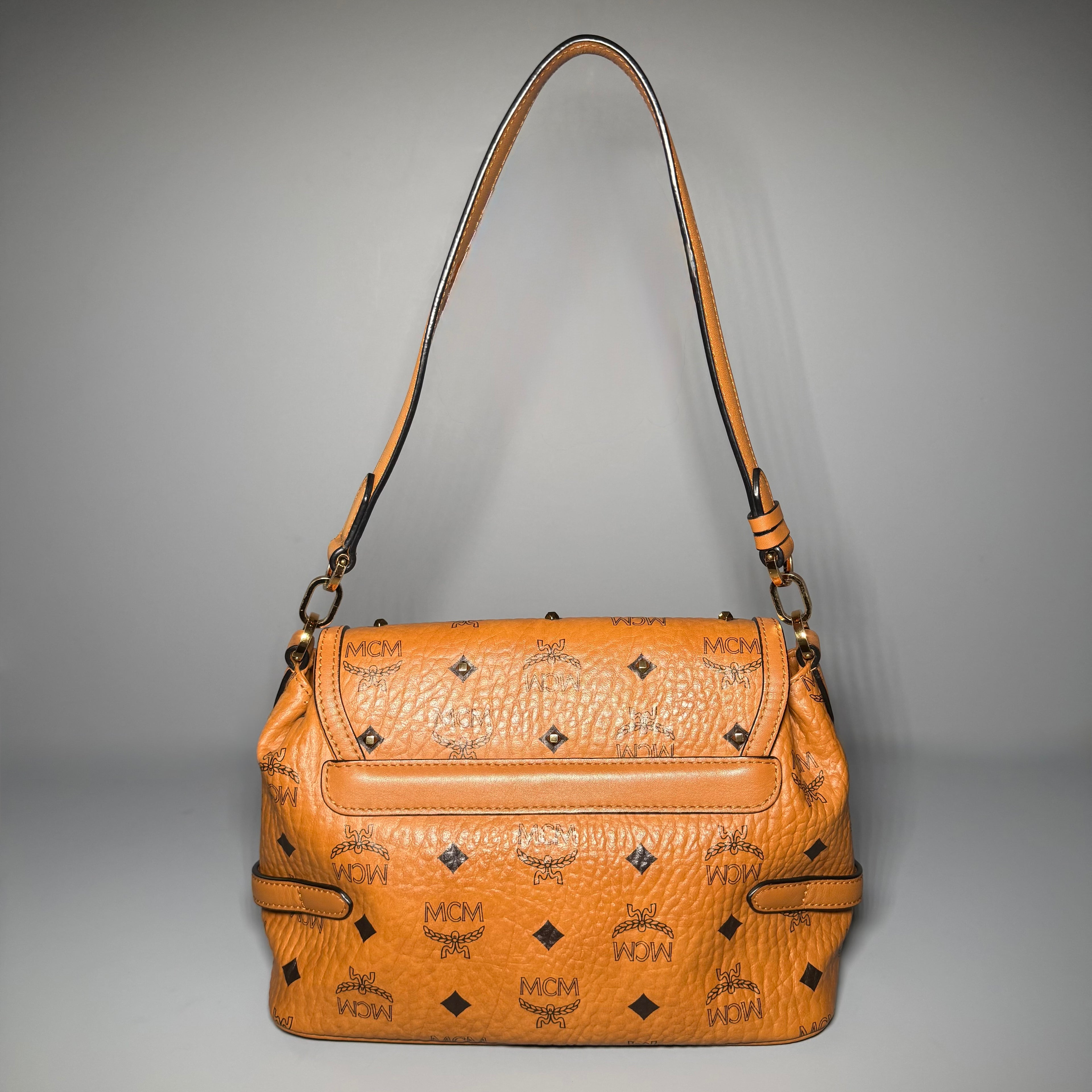 MCM Cognac Visetos Studded Small Shoulder Bag
