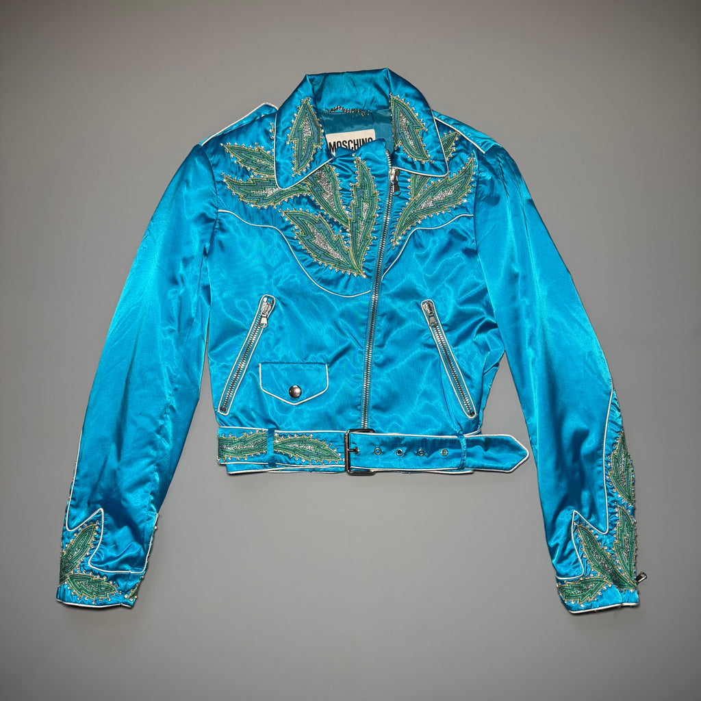 RARE Moschino SS17 Resort Runway Blue Satin Embroidered Moto Jacket