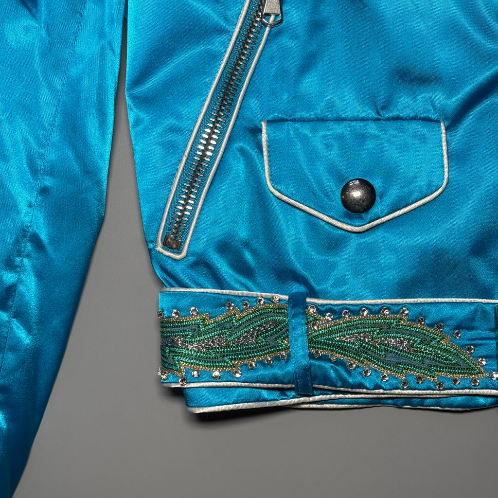 RARE Moschino SS17 Resort Runway Blue Satin Embroidered Moto Jacket