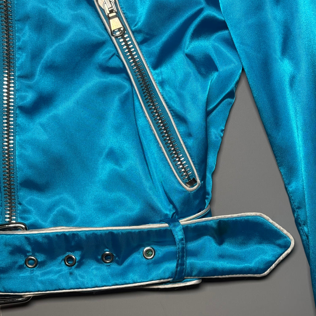 RARE Moschino SS17 Resort Runway Blue Satin Embroidered Moto Jacket