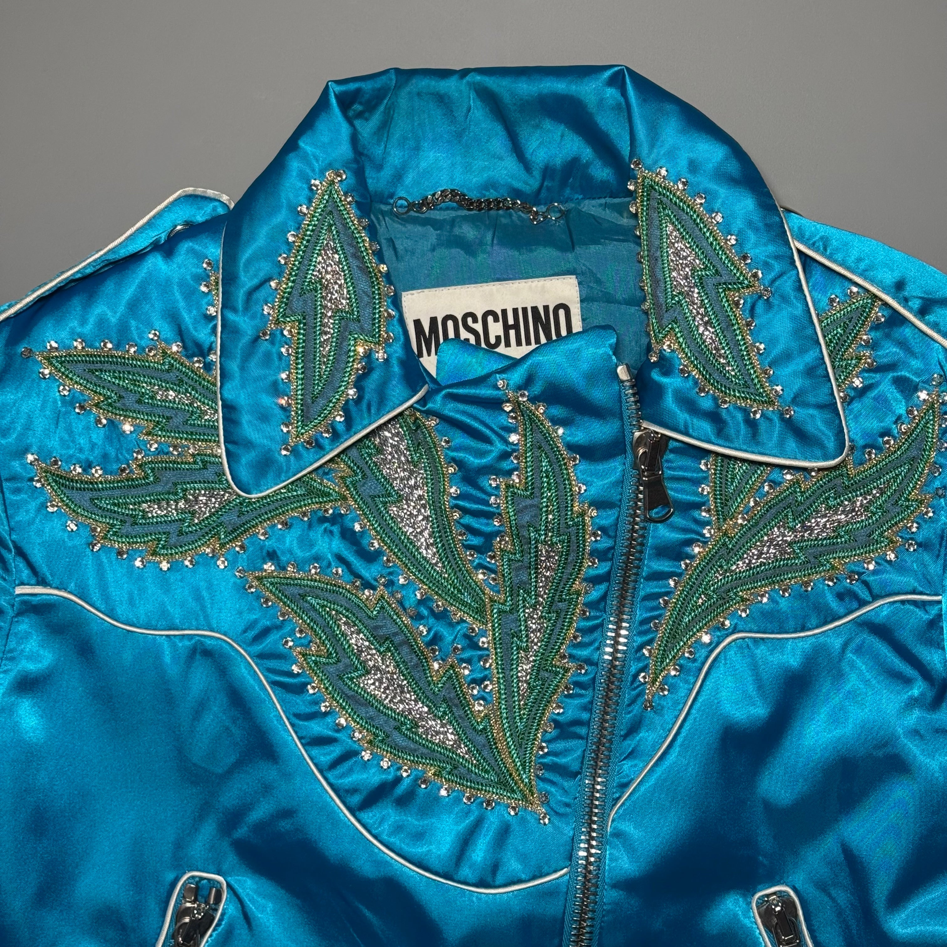 RARE Moschino SS17 Resort Runway Blue Satin Embroidered Moto Jacket