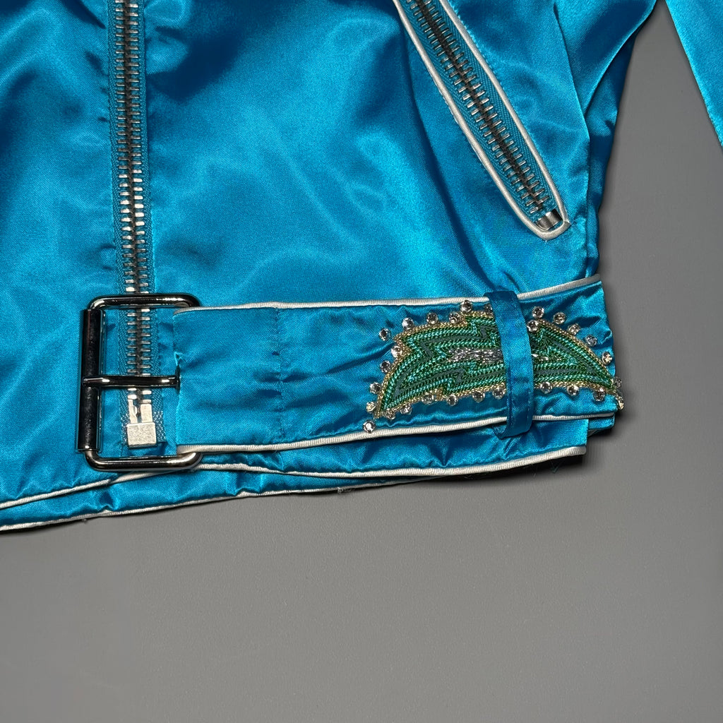 RARE Moschino SS17 Resort Runway Blue Satin Embroidered Moto Jacket