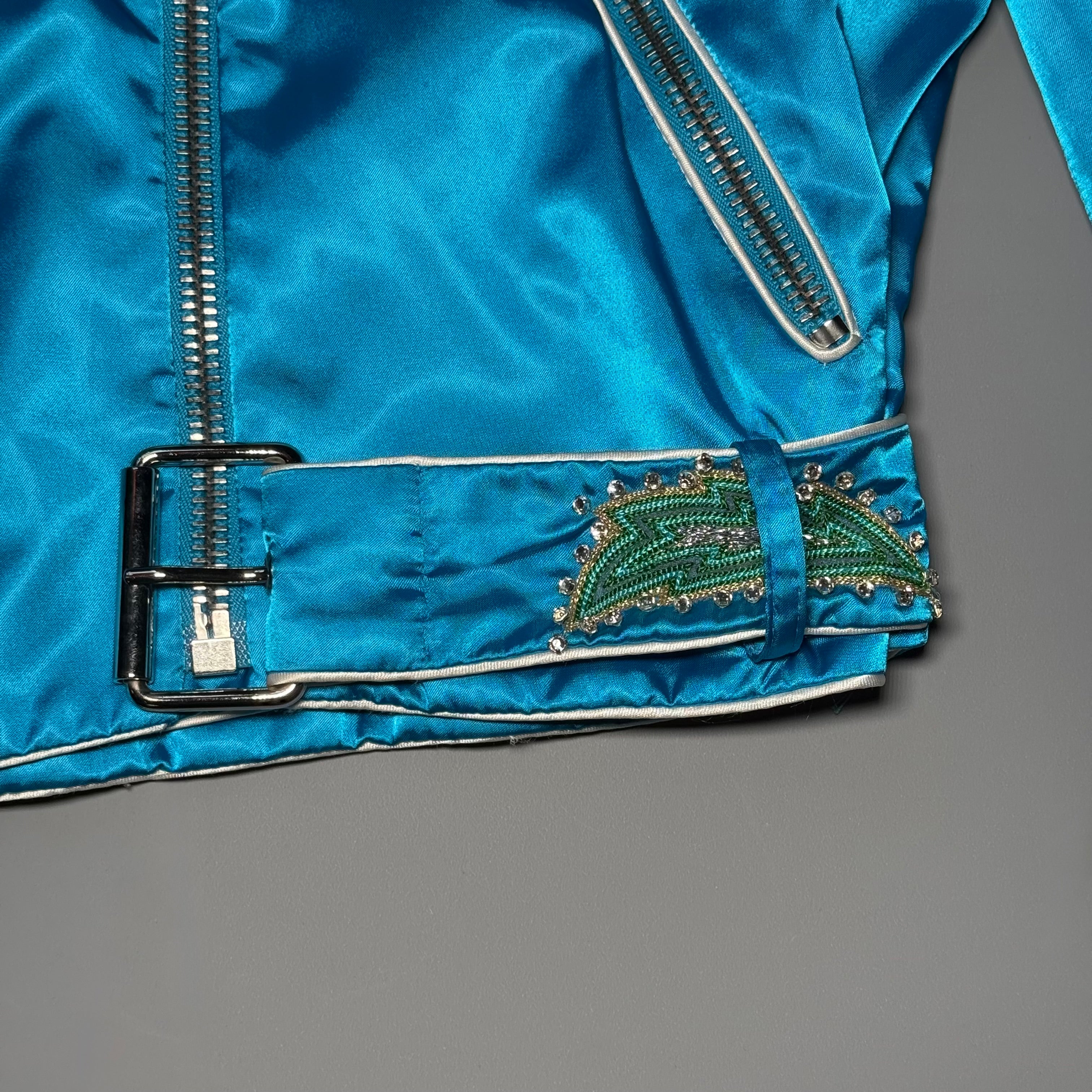 RARE Moschino SS17 Resort Runway Blue Satin Embroidered Moto Jacket