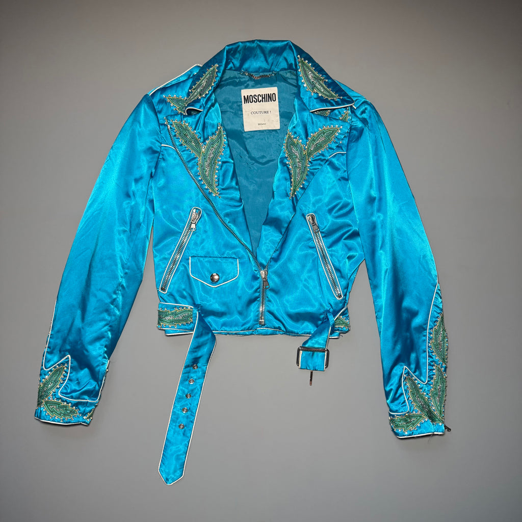 RARE Moschino SS17 Resort Runway Blue Satin Embroidered Moto Jacket