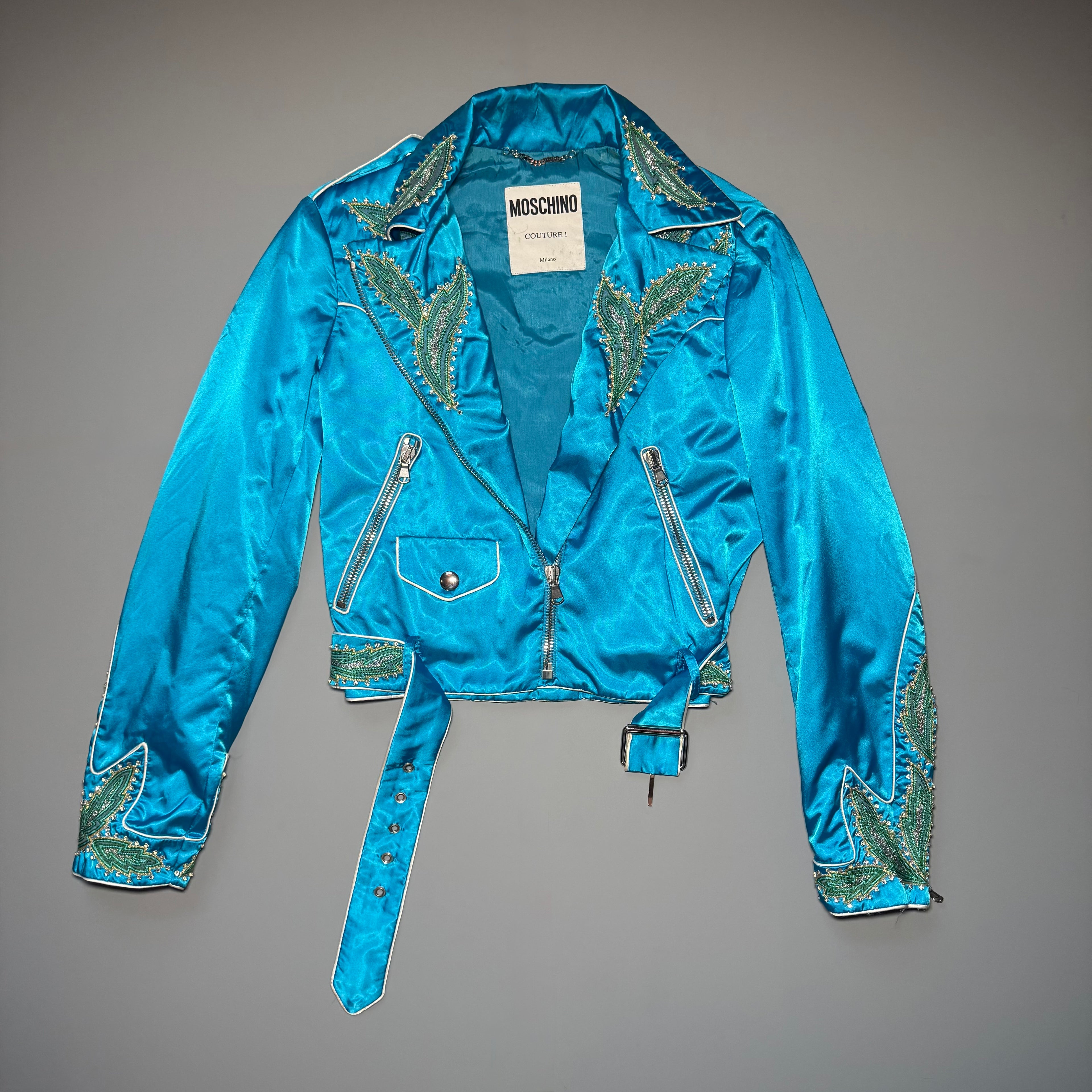 RARE Moschino SS17 Resort Runway Blue Satin Embroidered Moto Jacket