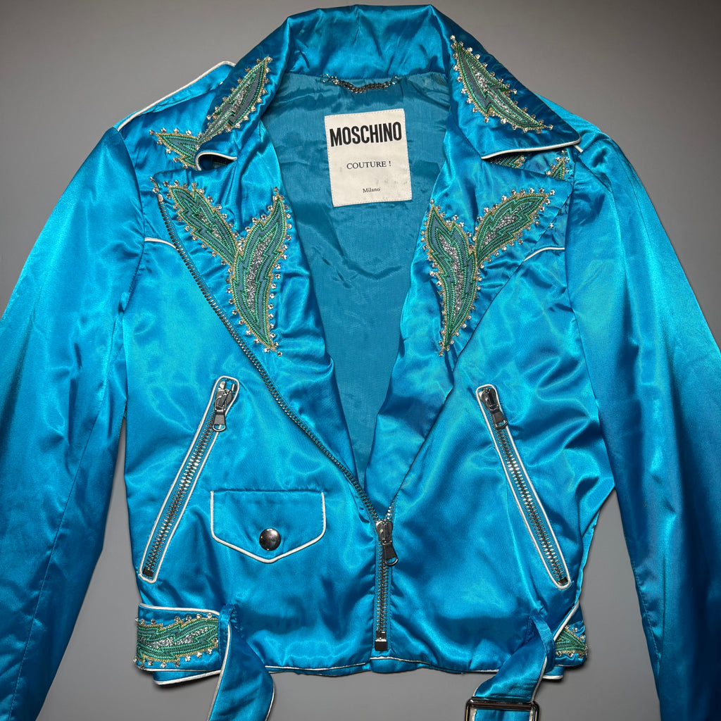 RARE Moschino SS17 Resort Runway Blue Satin Embroidered Moto Jacket