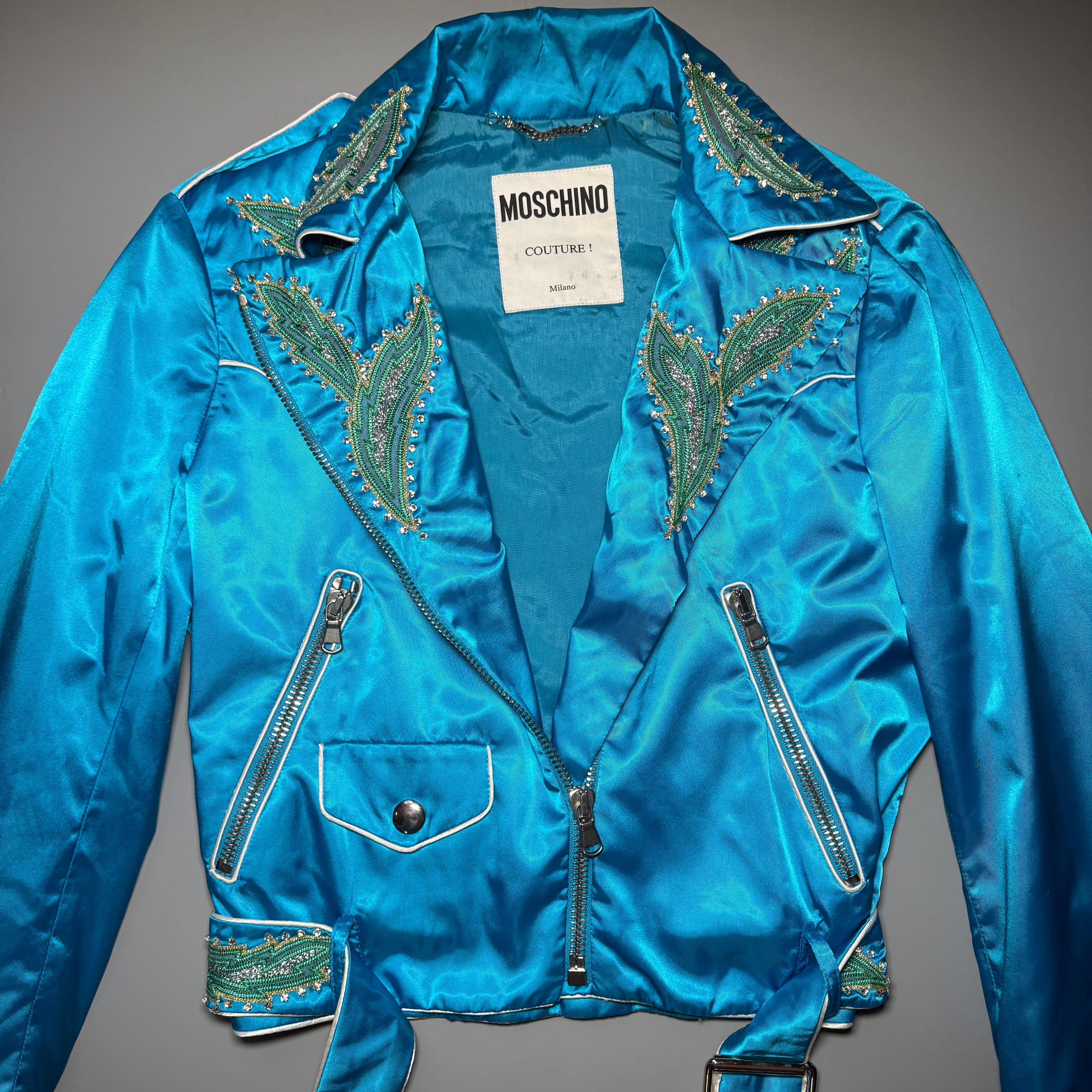 RARE Moschino SS17 Resort Runway Blue Satin Embroidered Moto Jacket