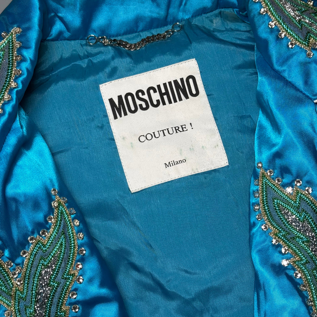 RARE Moschino SS17 Resort Runway Blue Satin Embroidered Moto Jacket