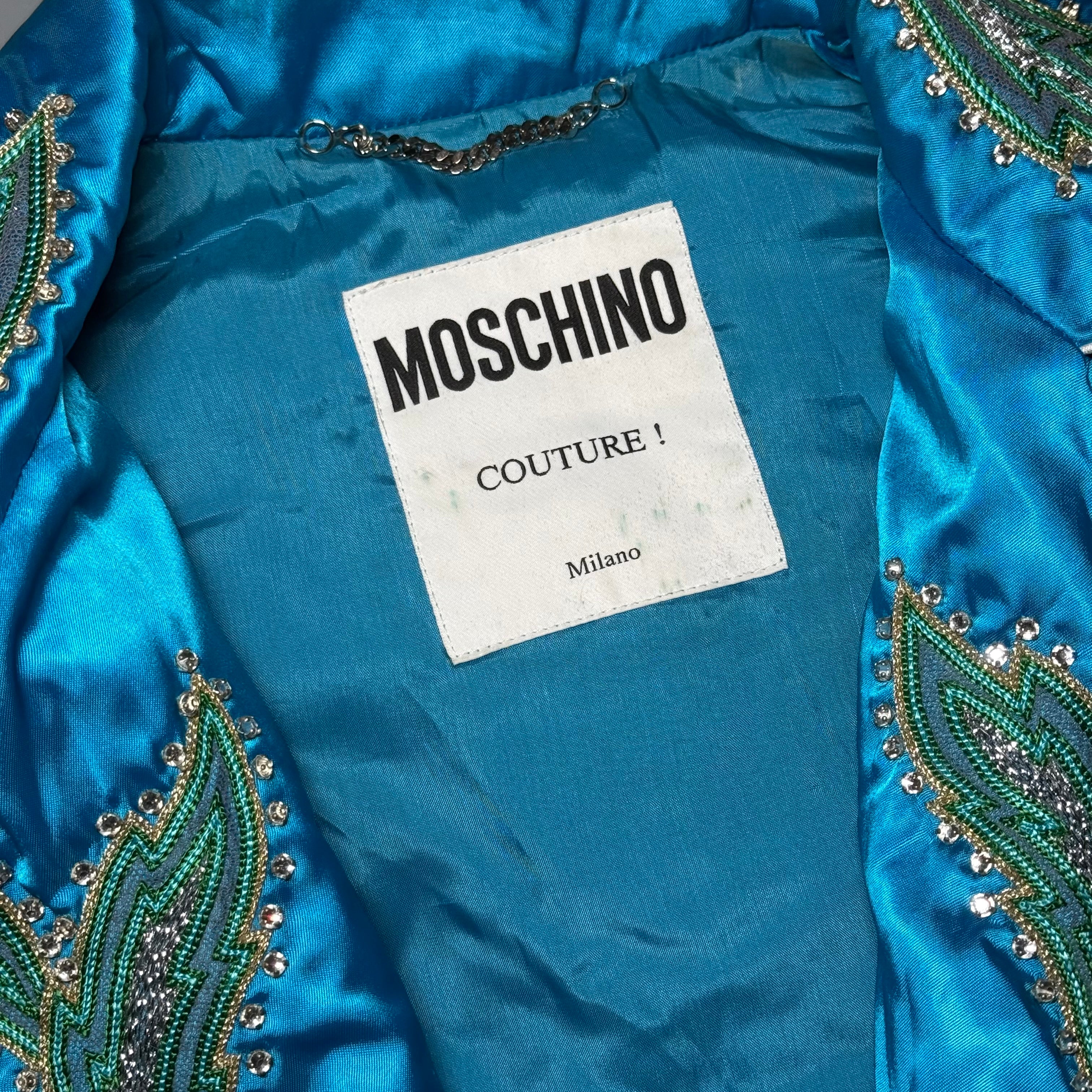 RARE Moschino SS17 Resort Runway Blue Satin Embroidered Moto Jacket