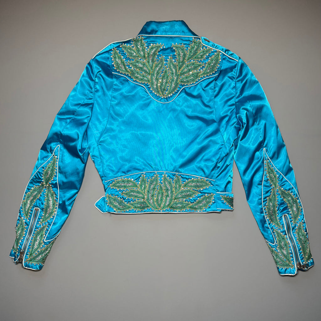 RARE Moschino SS17 Resort Runway Blue Satin Embroidered Moto Jacket