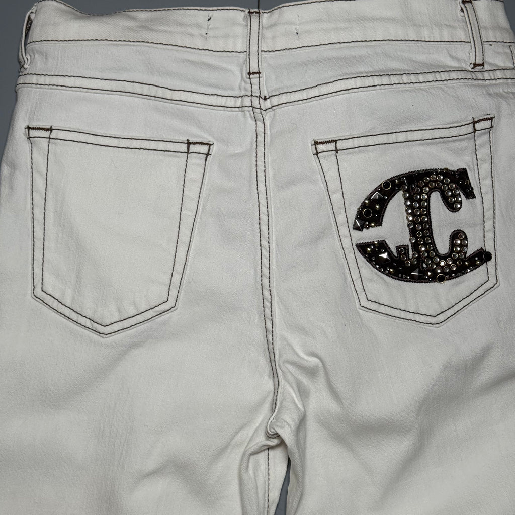 Just Cavalli Crystal JC Logo White Flare Jeans