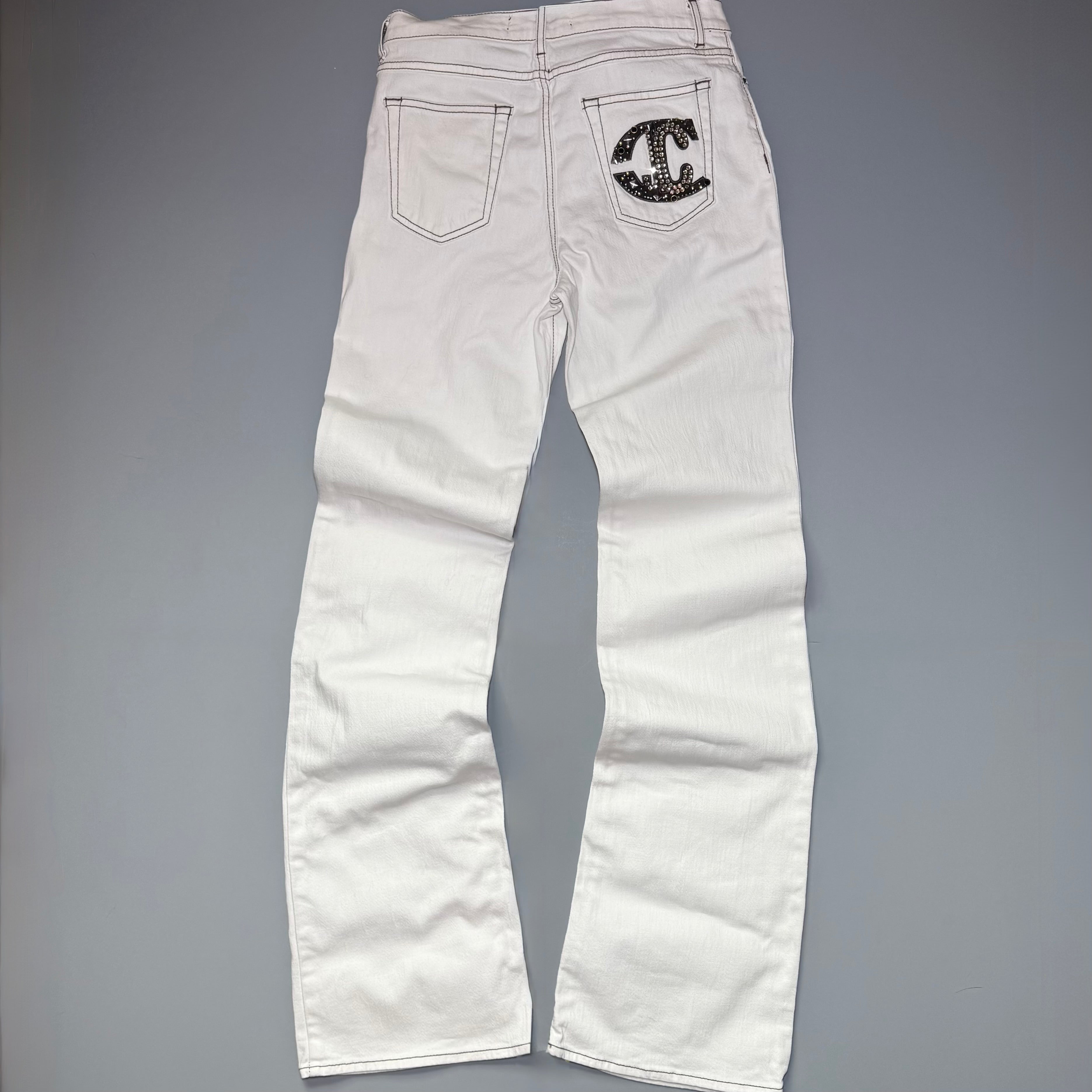 Just Cavalli Crystal JC Logo White Flare Jeans