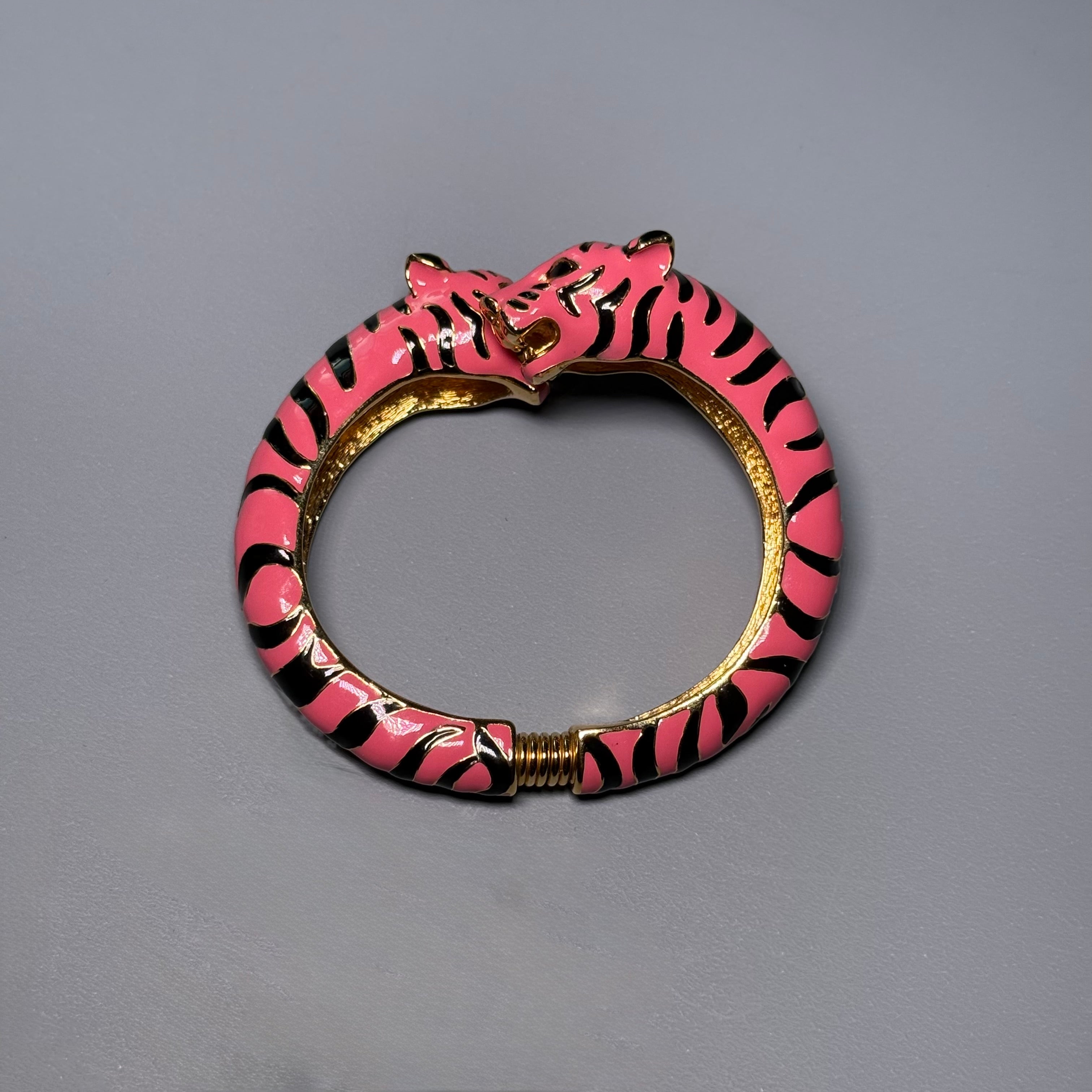 Kenneth Jay Lane Pink Enamel Double Tiger Head Clamper Bracelet