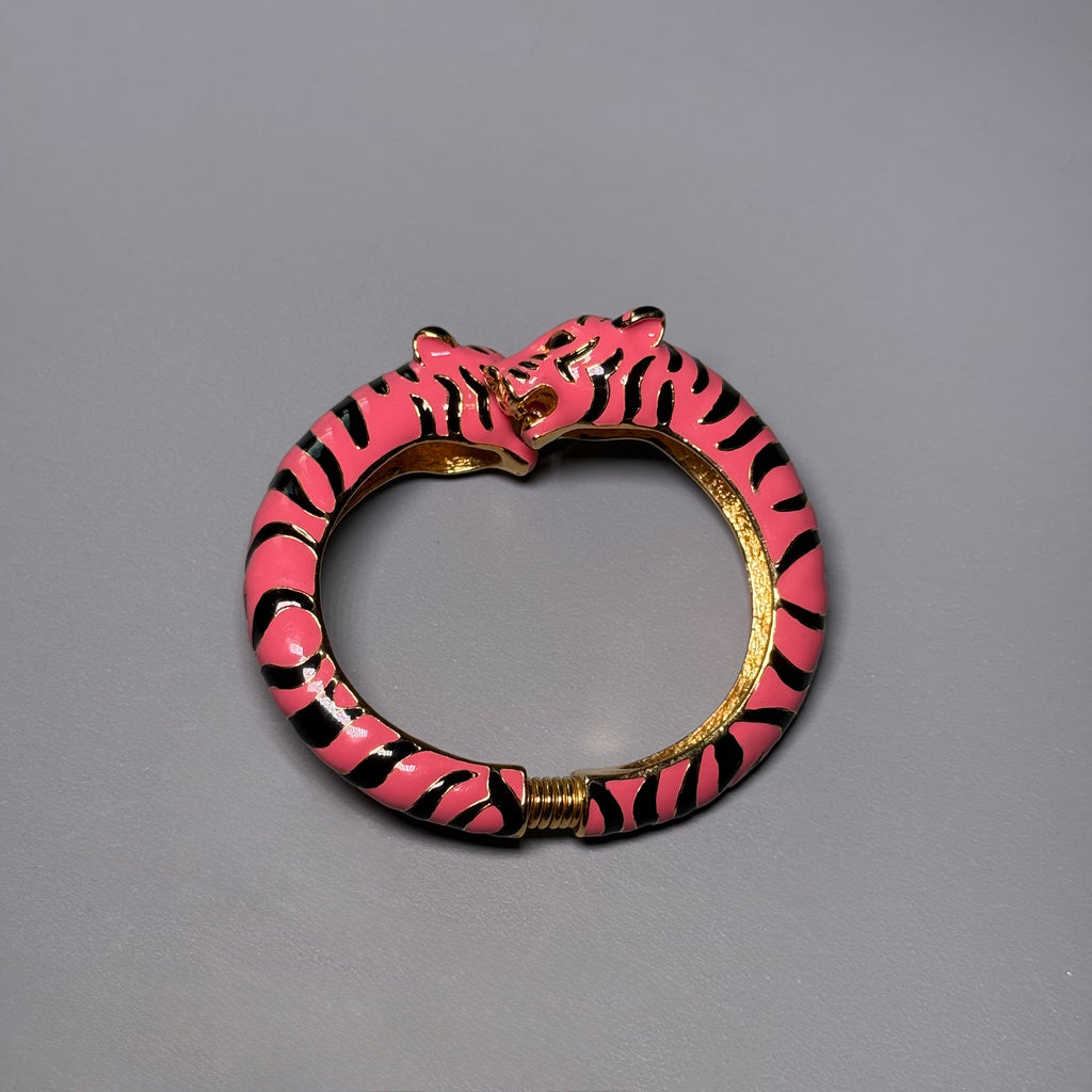 Kenneth Jay Lane Pink Enamel Double Tiger Head Clamper Bracelet