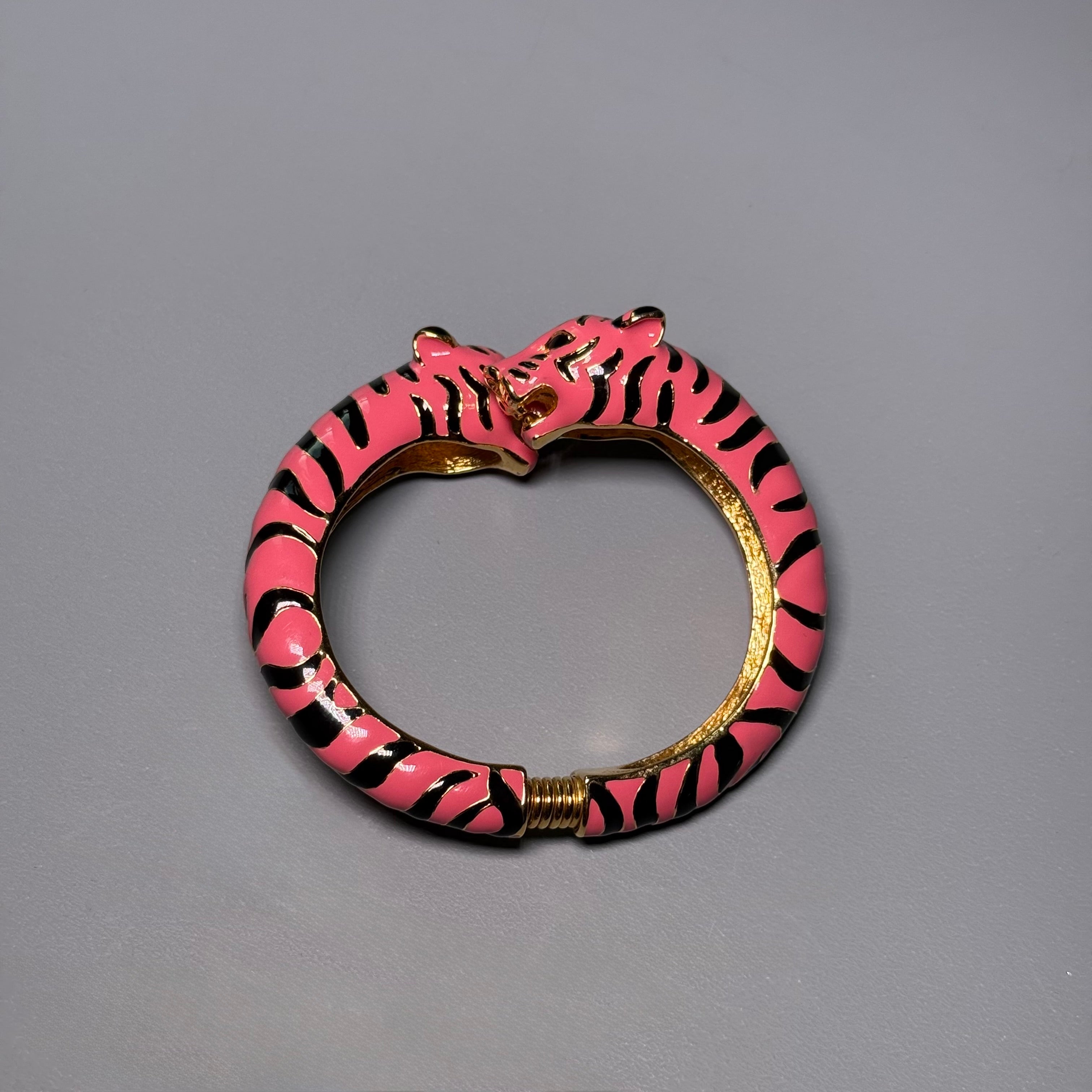 Kenneth Jay Lane Pink Enamel Double Tiger Head Clamper Bracelet