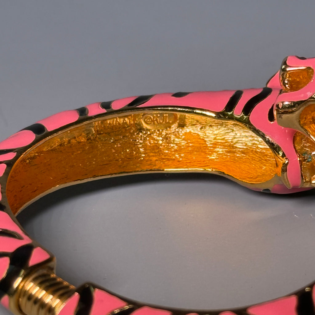 Kenneth Jay Lane Pink Enamel Double Tiger Head Clamper Bracelet