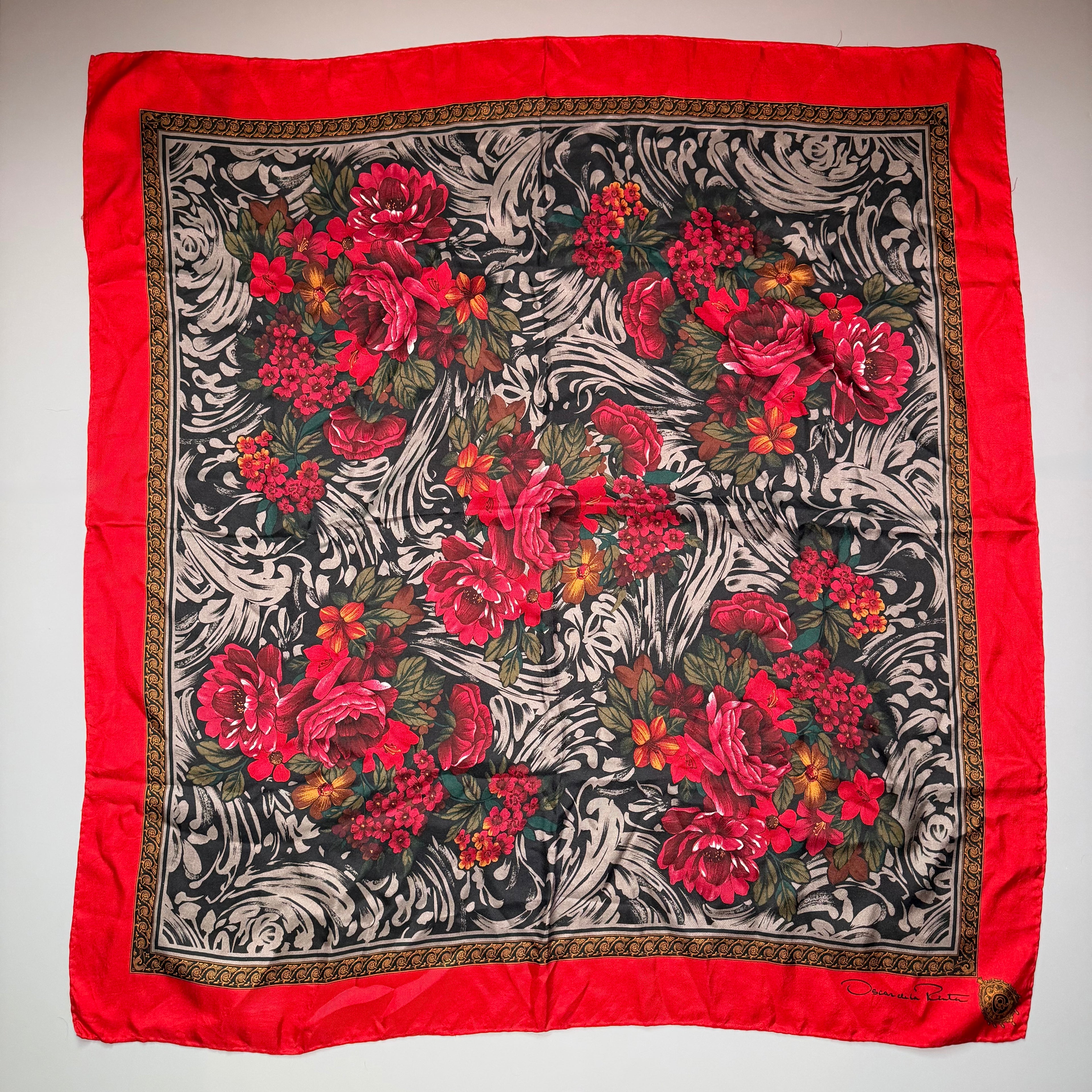 Oscar de la Renta Red Pink Peony Floral Silk Bandana Scarf
