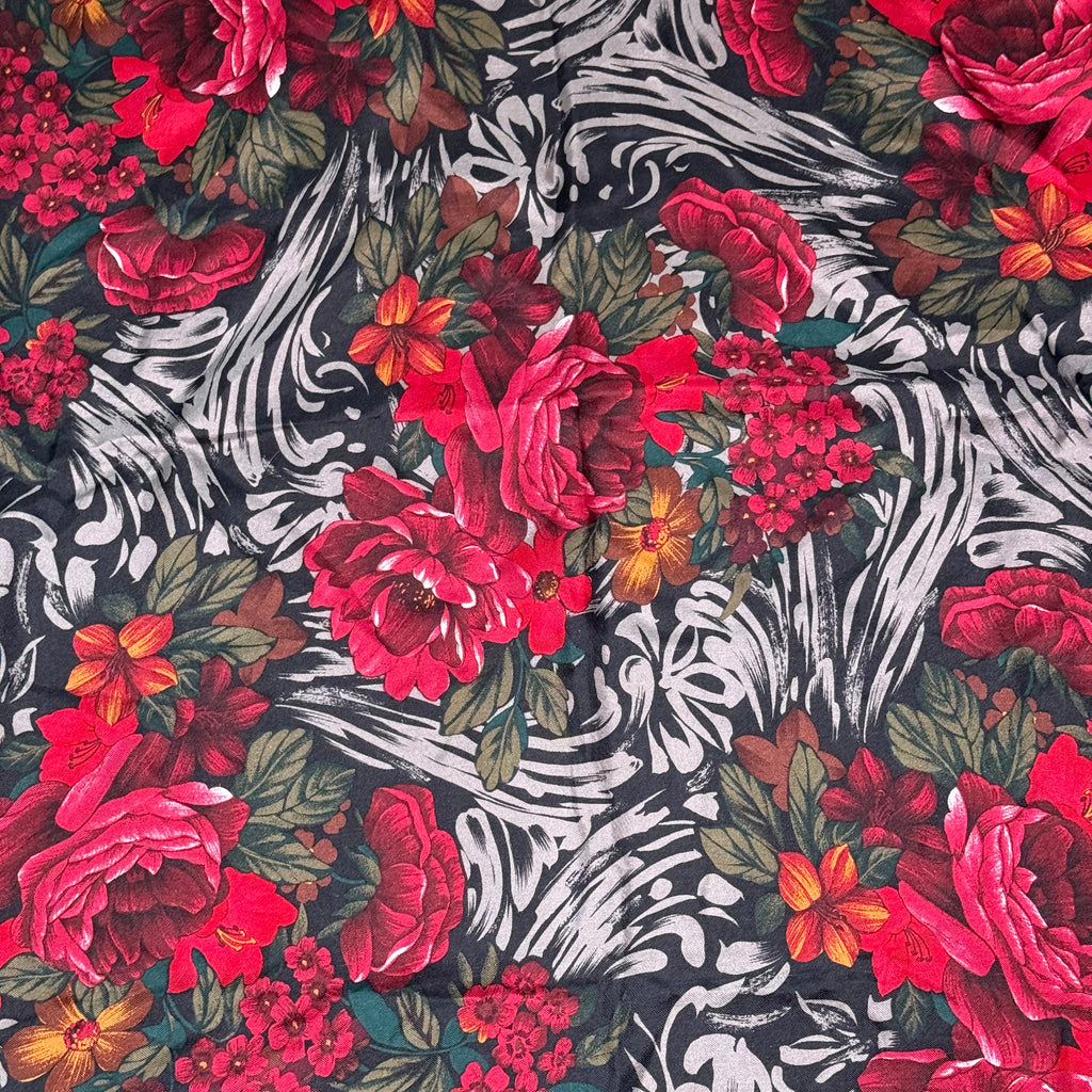 Oscar de la Renta Red Pink Peony Floral Silk Bandana Scarf