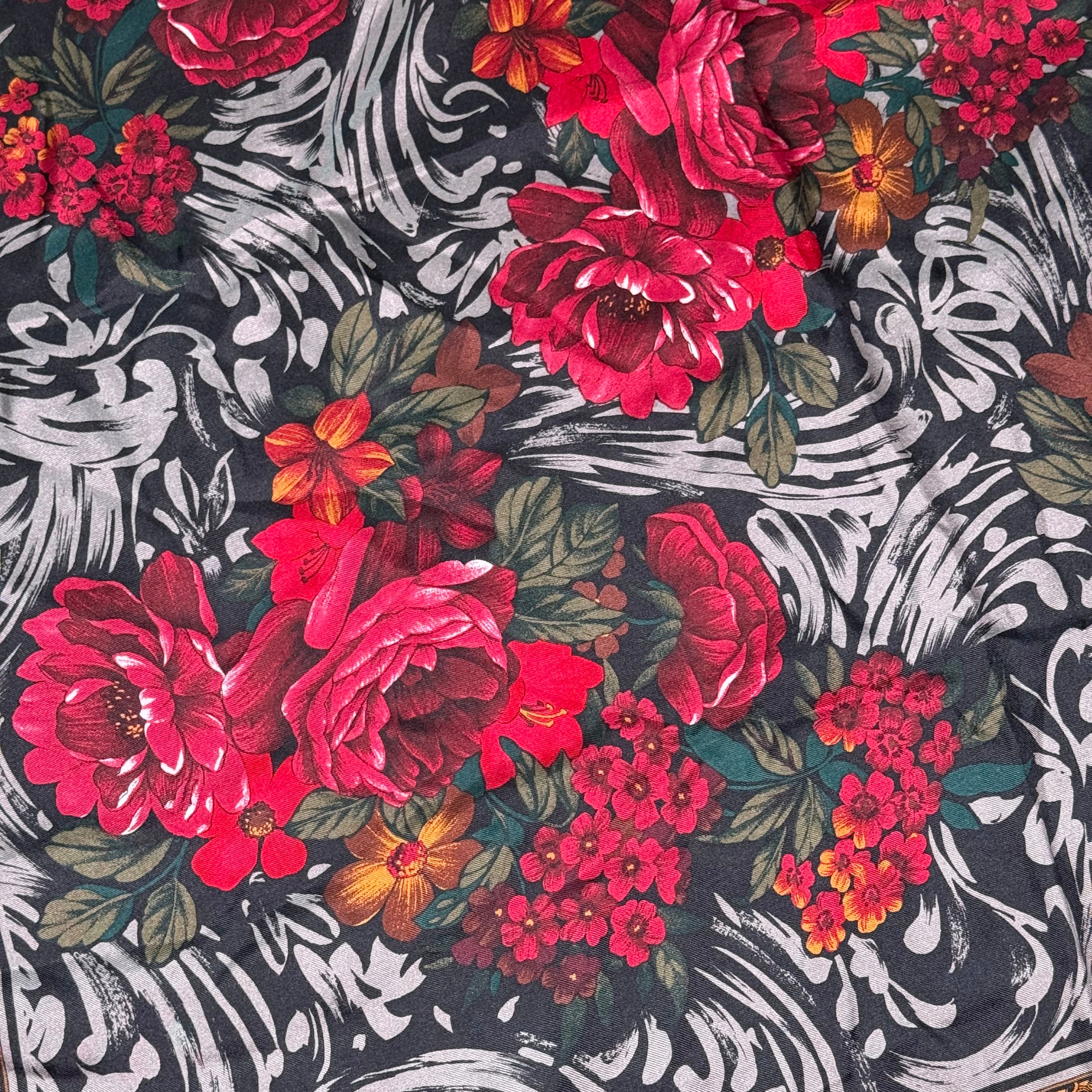 Oscar de la Renta Red Pink Peony Floral Silk Bandana Scarf