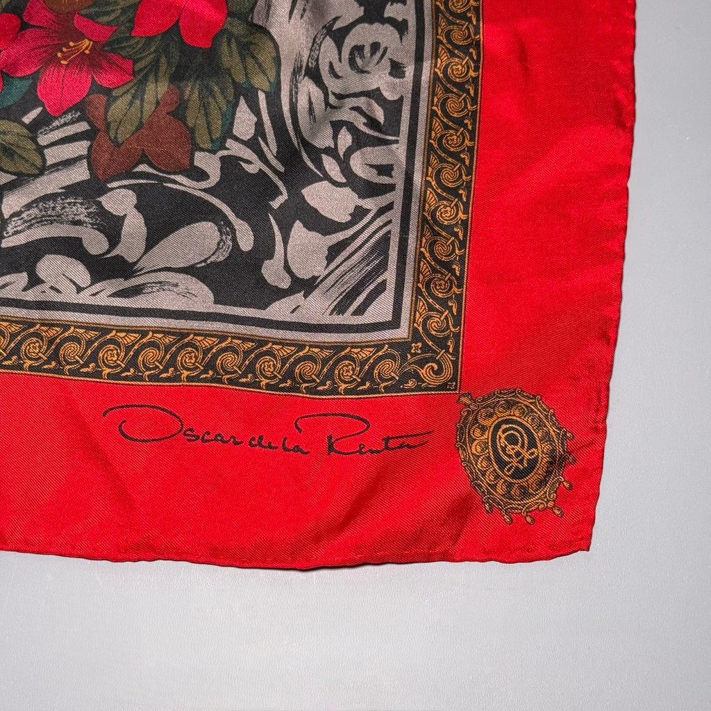 Oscar de la Renta Red Pink Peony Floral Silk Bandana Scarf